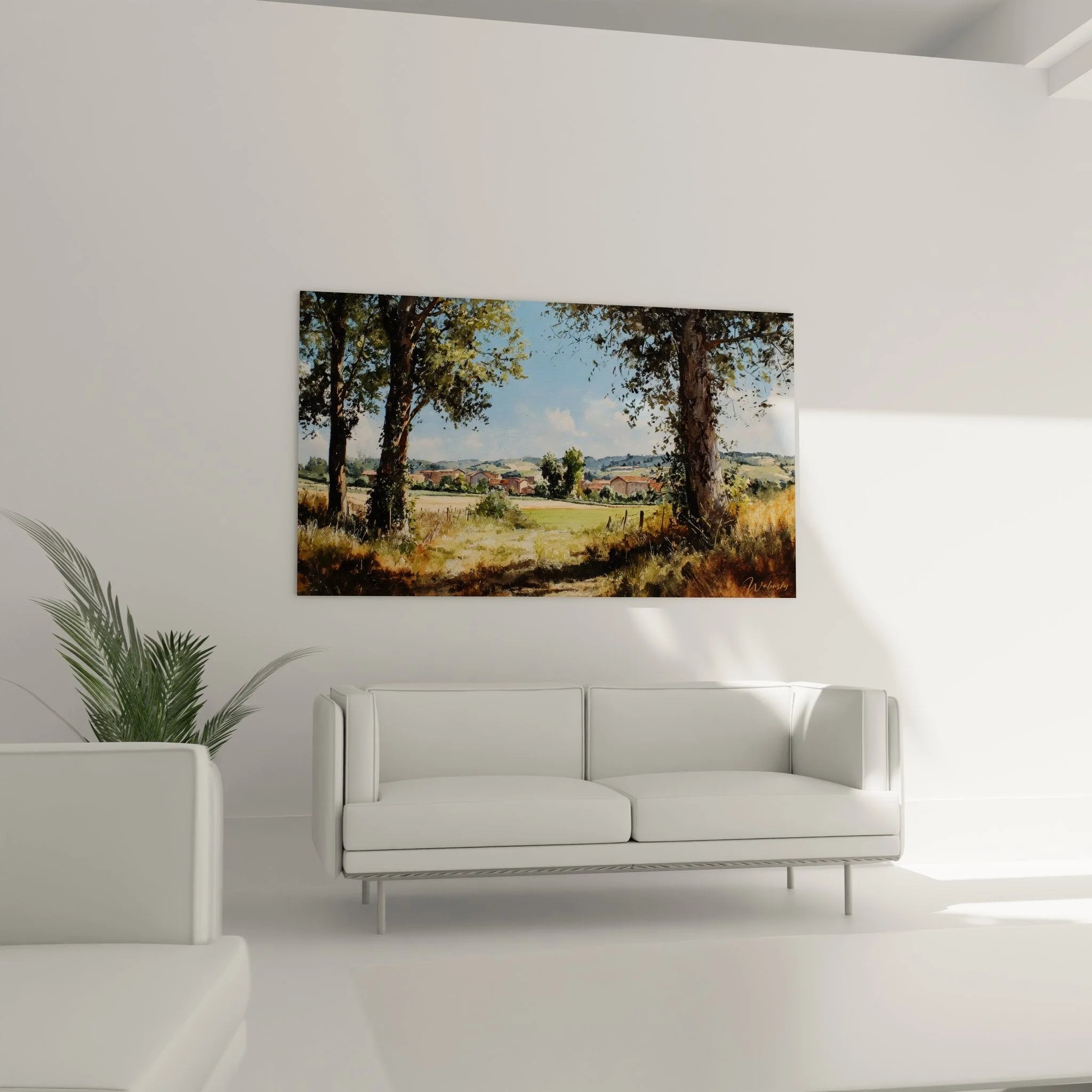 Detailansicht Wandbild Landschaftsidylle mit Fokus auf Baumstämme und malerische Dorfhäuser