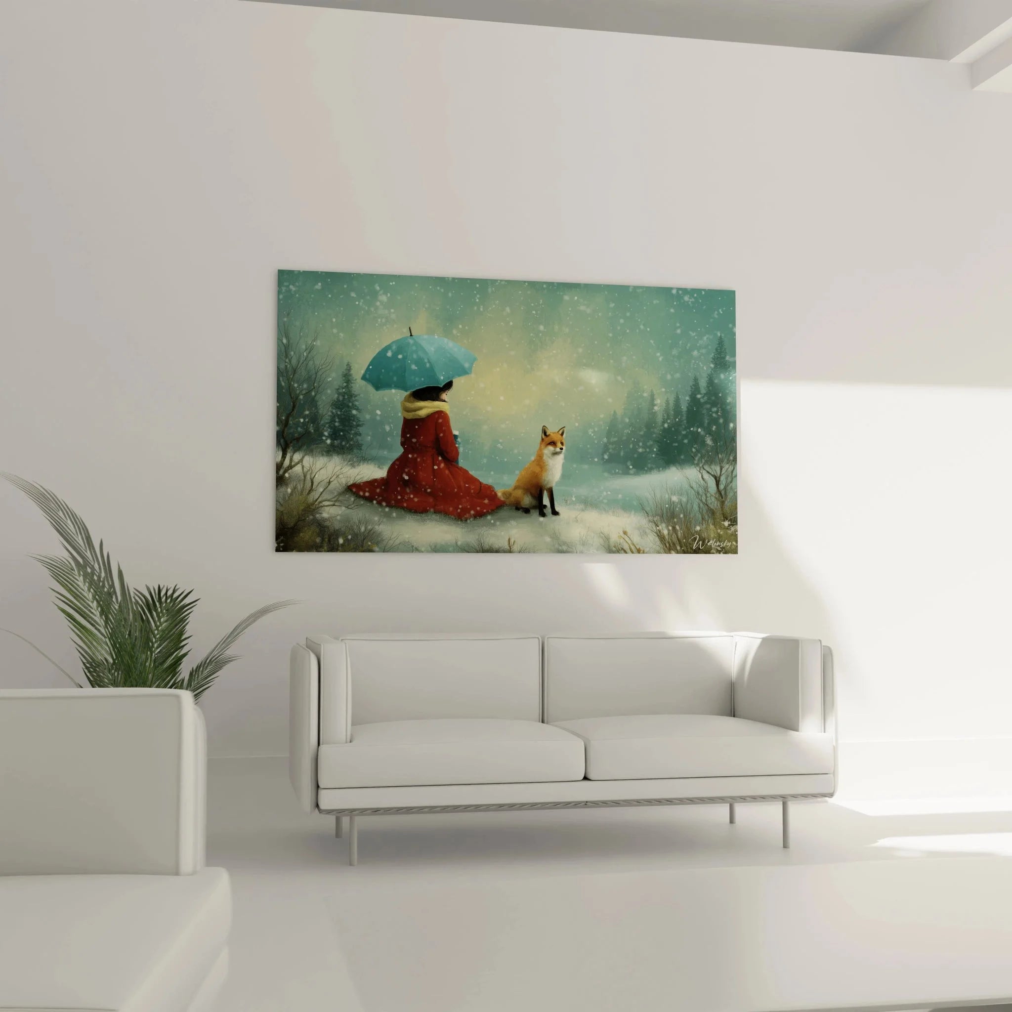 Detailansicht Wandbild Fuchs und Mädchen im Winter mit rotem Mantel und Schneeflocken