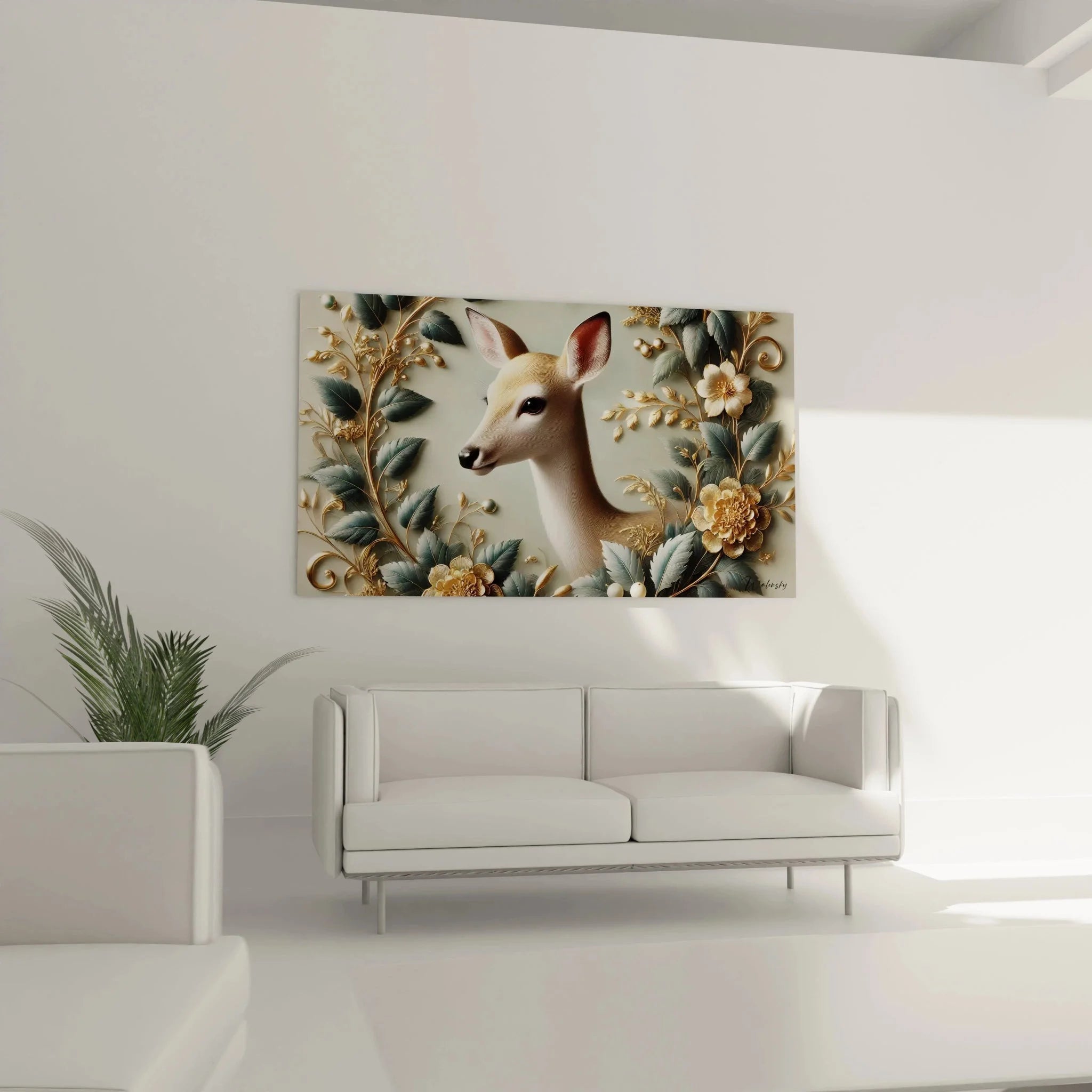 Detailansicht Wandbild Hirschkuh - goldene Blüten und filigrane Blattornamente in Nahaufnahme