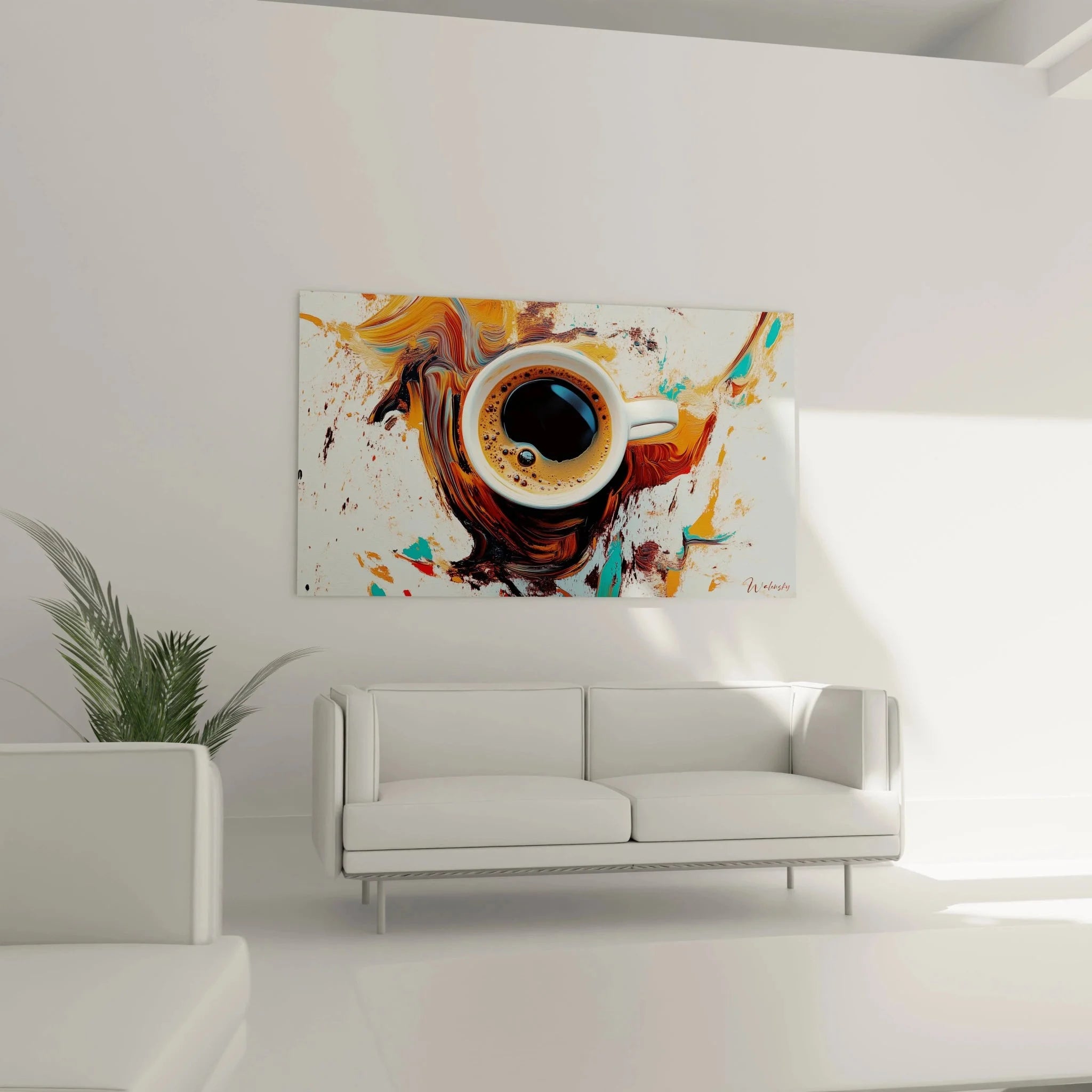 Detailansicht Wandbild Kaffeetasse - Realistische Darstellung mit abstrakten Farbverläufen und Pinselstrichen