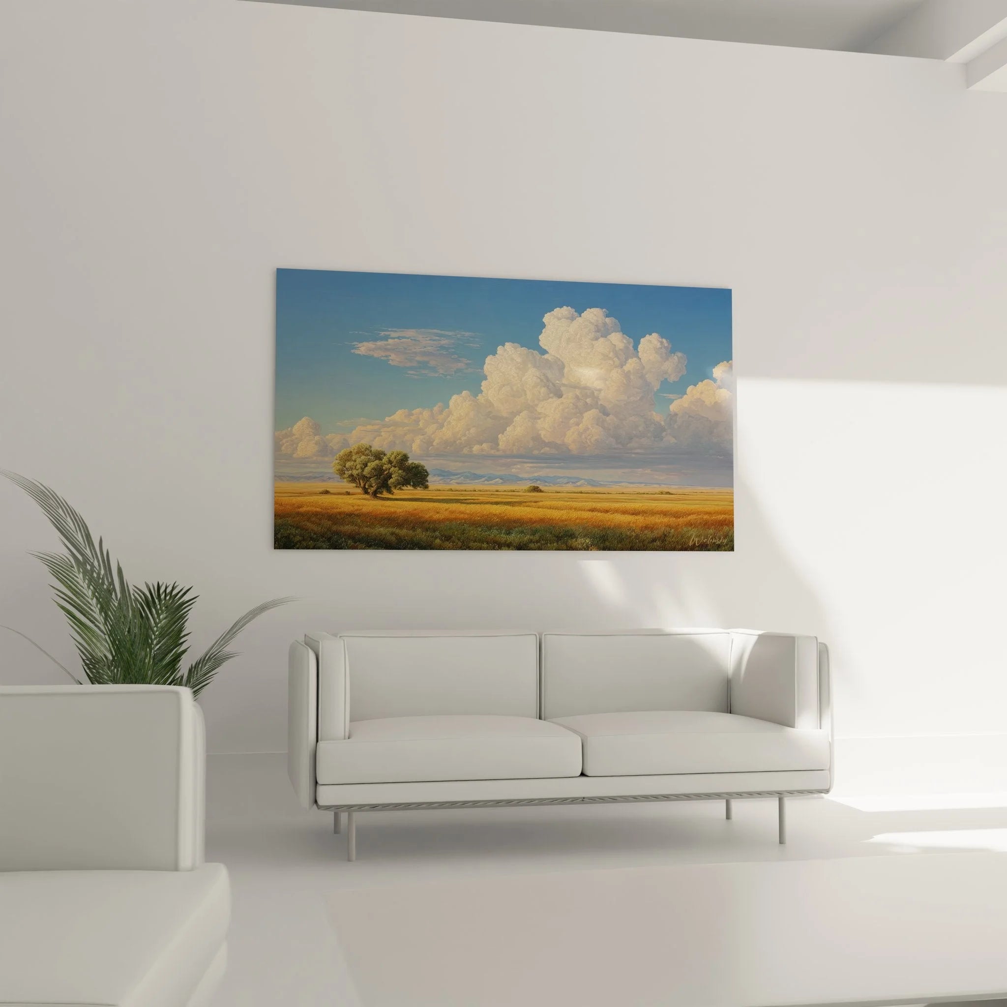 Detailansicht Wandbild Landschaft zeigt dramatische Wolkenformation und einsamen Baum im Kornfeld
