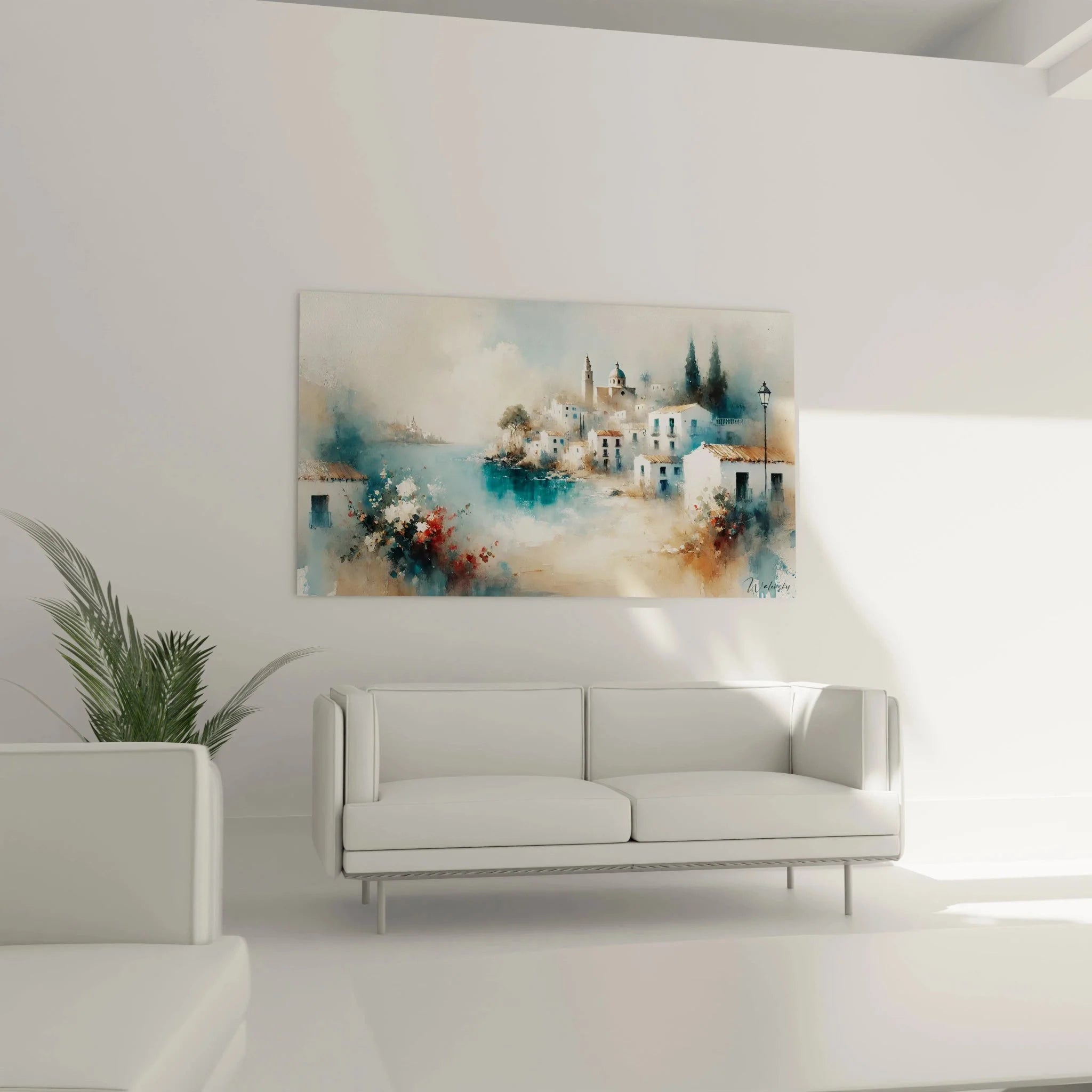 Detailansicht Wandbild mediterrane Küstenstadt Aquarell Maltechnik spanische Architektur Nahaufnahme