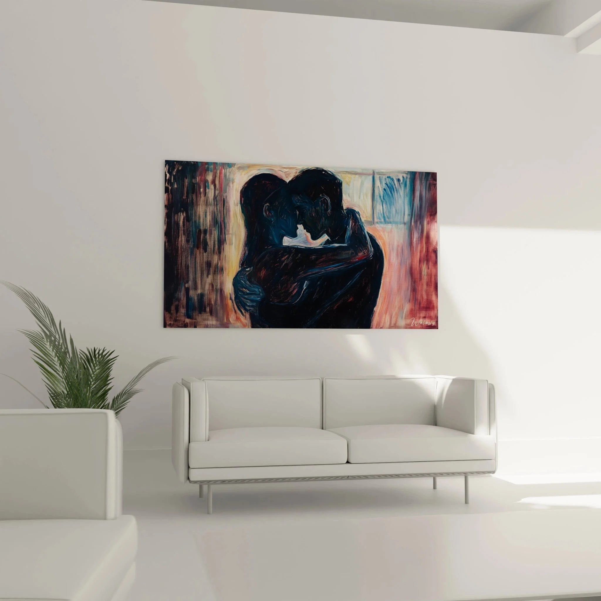 Detailansicht Wandbild Umarmung expressionistische Pinselstriche Farbverläufe Munch Inspiration Kunstdruck