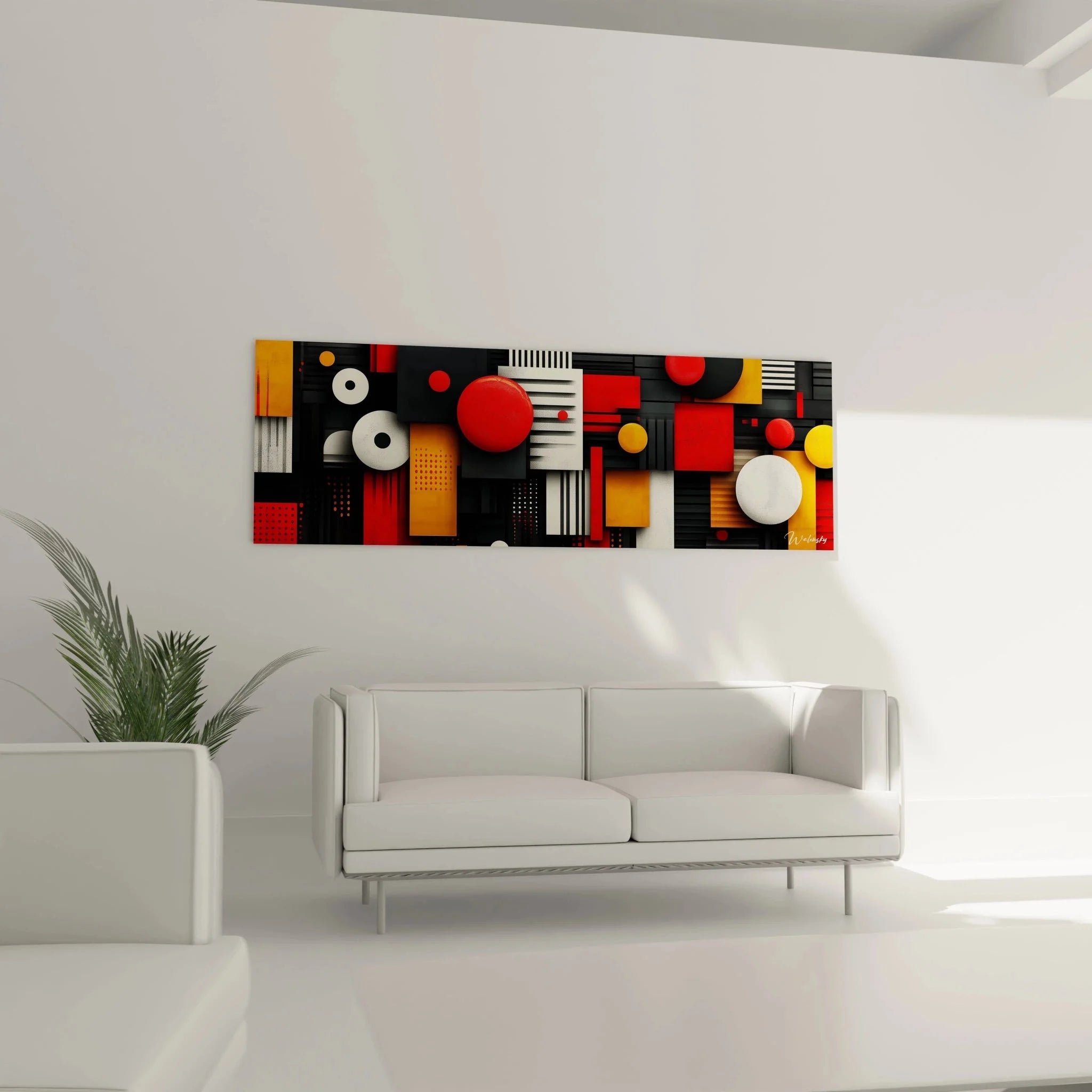 Detailaufnahme abstrakte geometrische Wandkunst mit dreidimensionalen Kreisen und Rechtecken