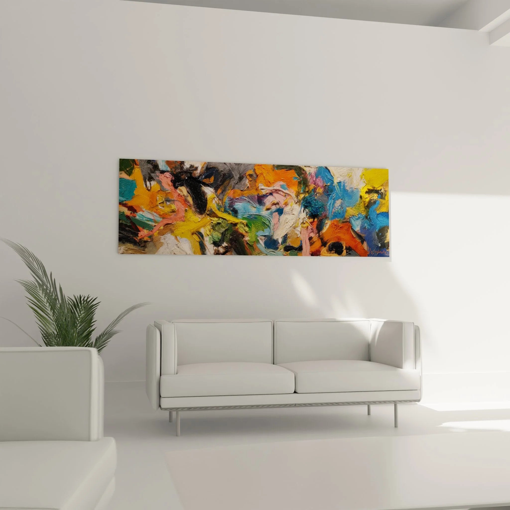 Detailaufnahme dynamische Pinselstriche abstrakte Malerei mit intensiven Farben Wandkunst