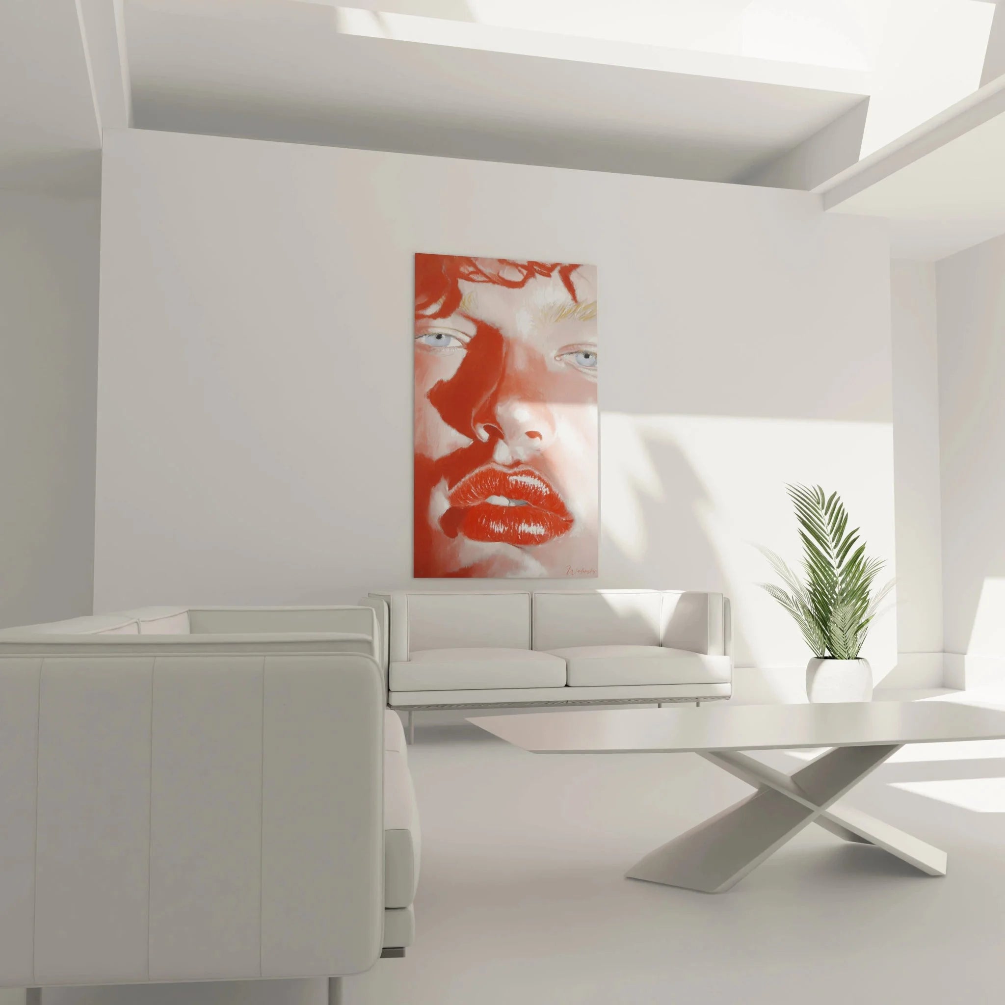 Detailaufnahme hyperrealistisches Frauenporträt mit leuchtend roten Lippen - Wandbild XXL