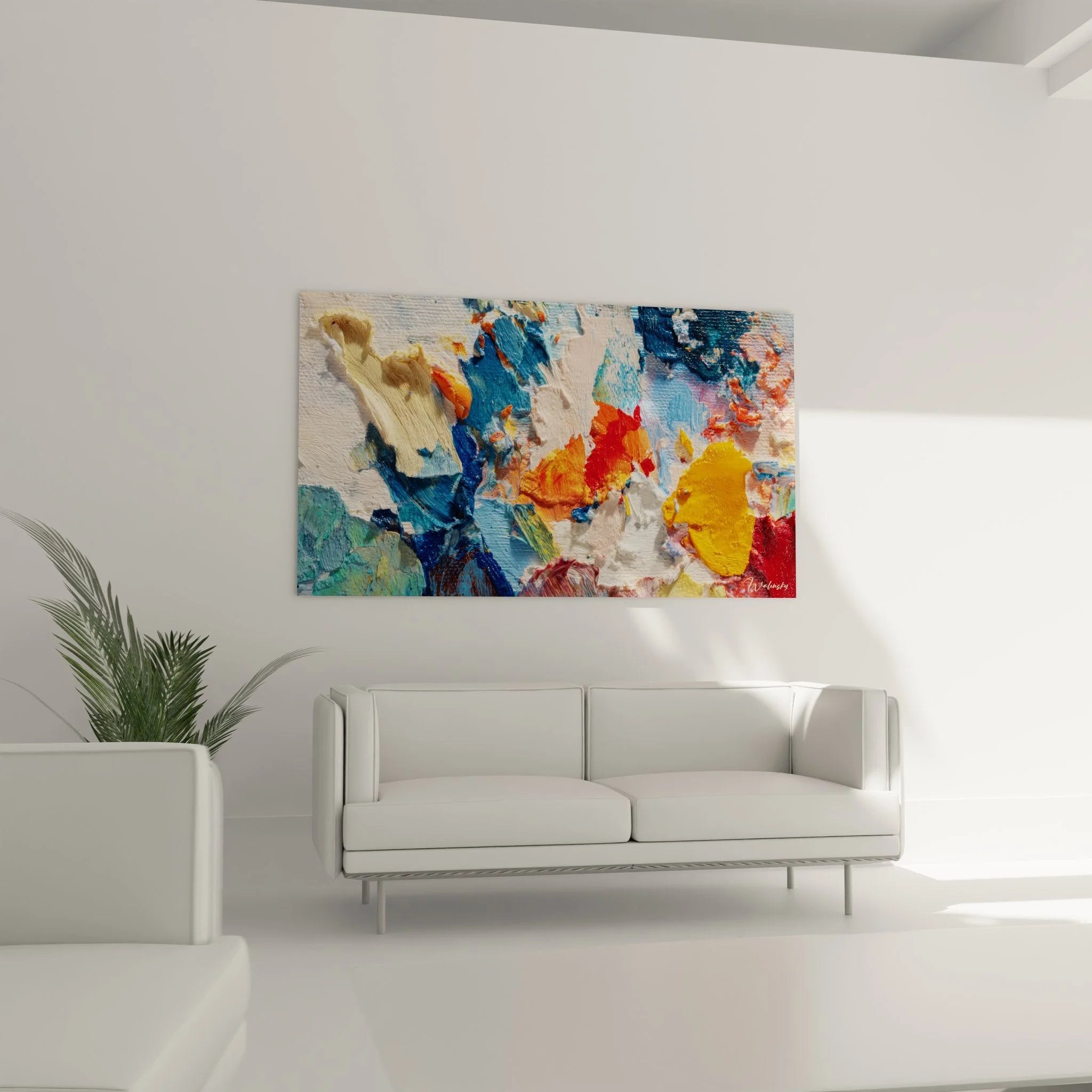 Detailaufnahme der strukturierten Pinselstriche und Farbschichten des abstrakten Wandbildes