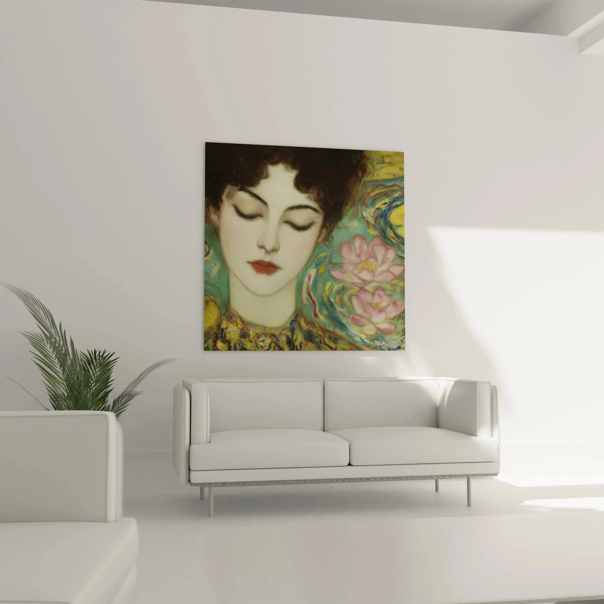 Detailaufnahme symbolistisches Frauenporträt mit geschlossenen Augen und rosa Blütenpracht