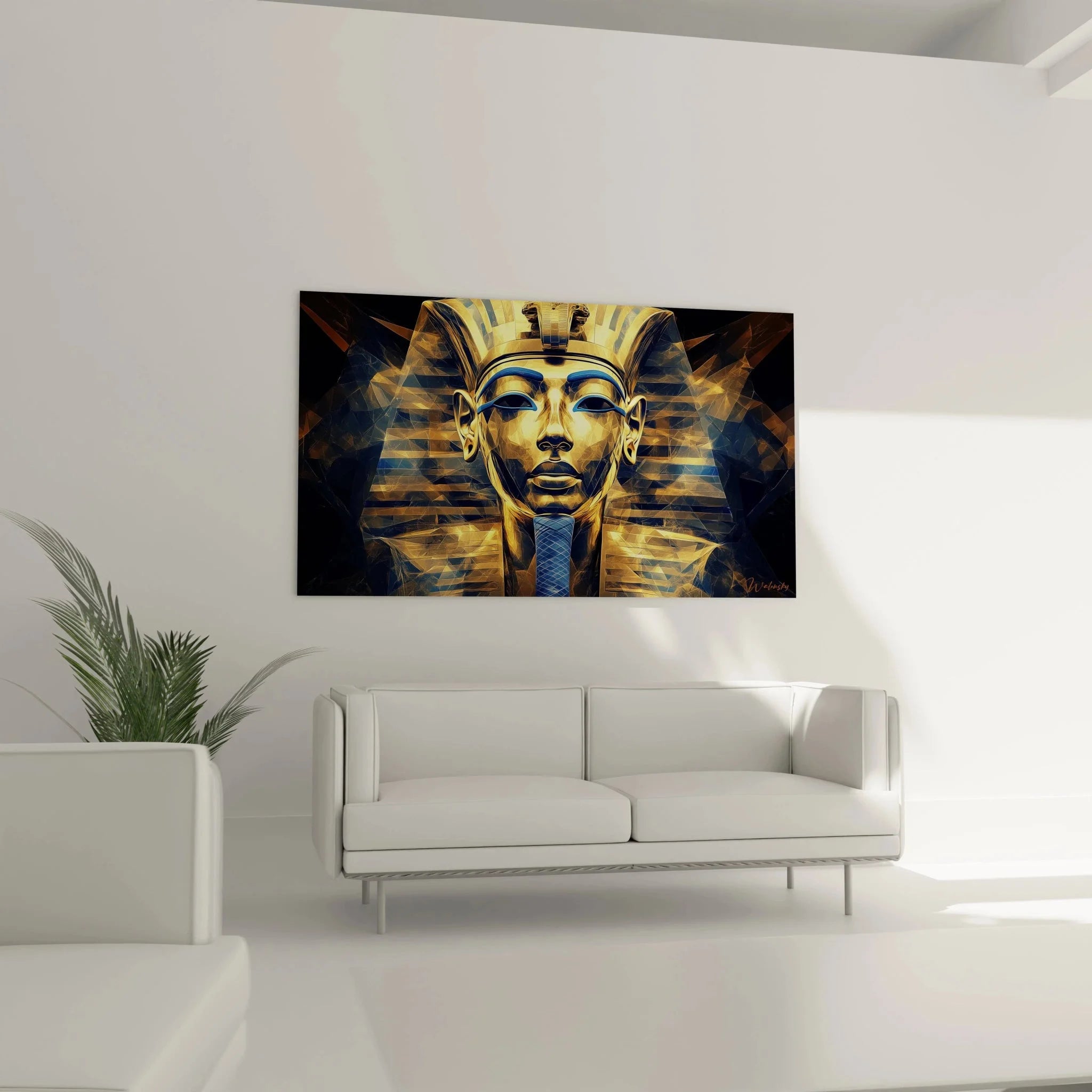 Detailaufnahme Wandbild Tutanchamun Goldmaske - altägyptische Kunst mit blauen Kronenelementen XXL