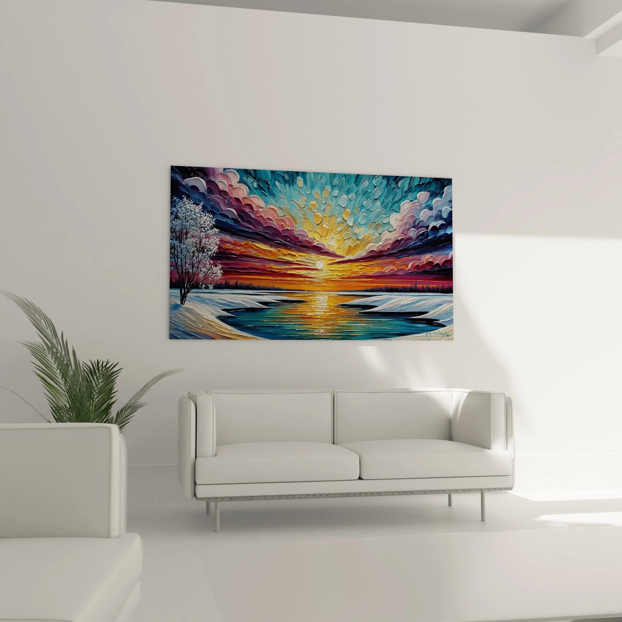 Detailaufnahme Wandbild Sonnenuntergang - spiralförmige Wolken und Sonnenstrahlen in warmen Farbtönen