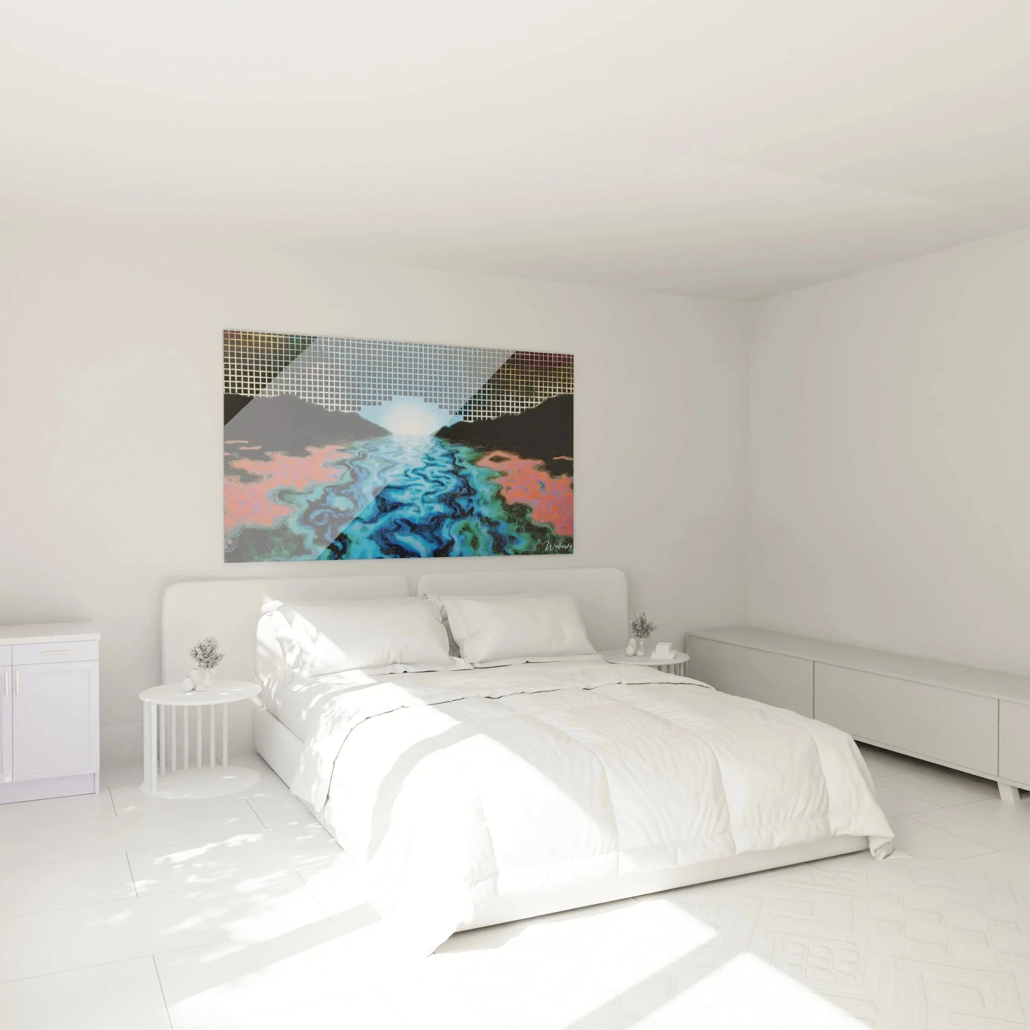 Digitale Landschaft Wandbild XXL in modernem Schlafzimmer Ambiente Op Art Wanddekoration