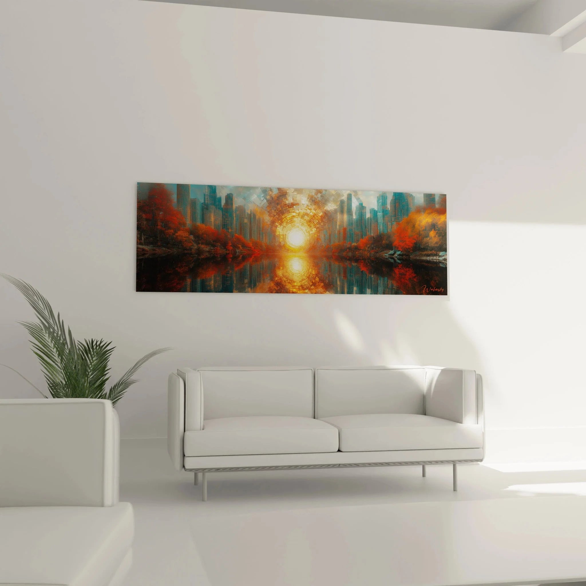 Detailansicht digitaler Sonnenaufgang über futuristischer Stadt - Wandbild XXL Nahaufnahme