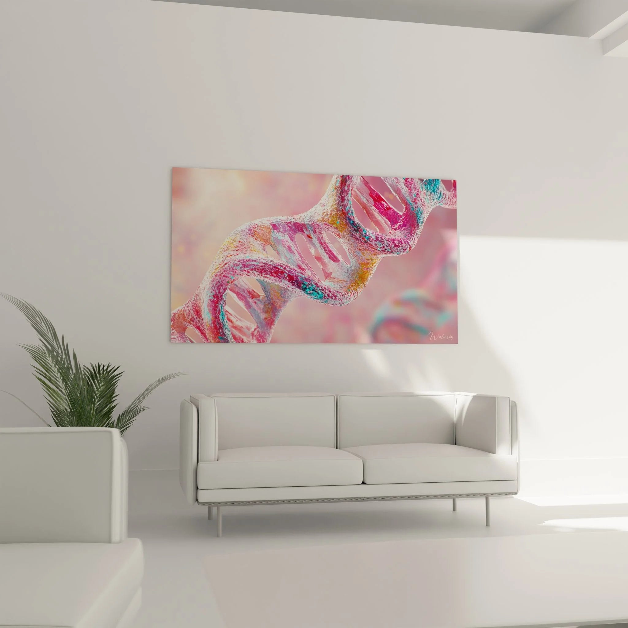 Nahaufnahme DNA Helix Wandkunst, detaillierte Molekülstruktur in Rosatönen