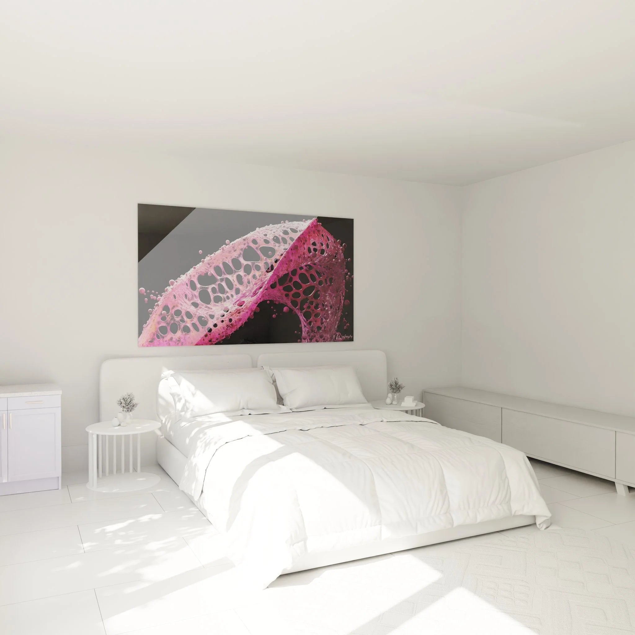 DNA Struktur Wandbild in Schlafzimmer Ambiente mit magenta Molekularbiologie Kunstwerk