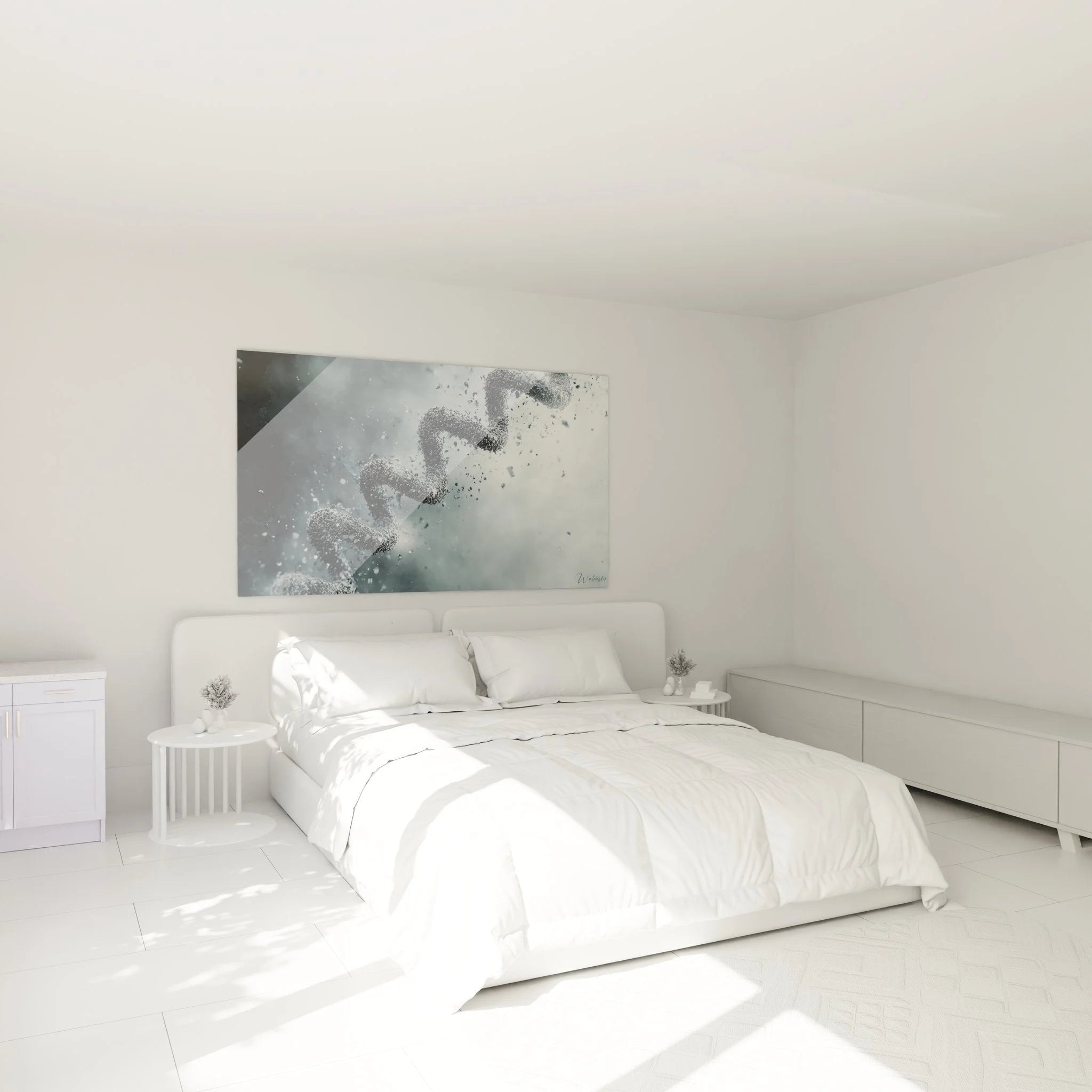 DNA-Helix Wandkunst im Schlafzimmer, moderne wissenschaftliche Dekoration in monochromer Optik