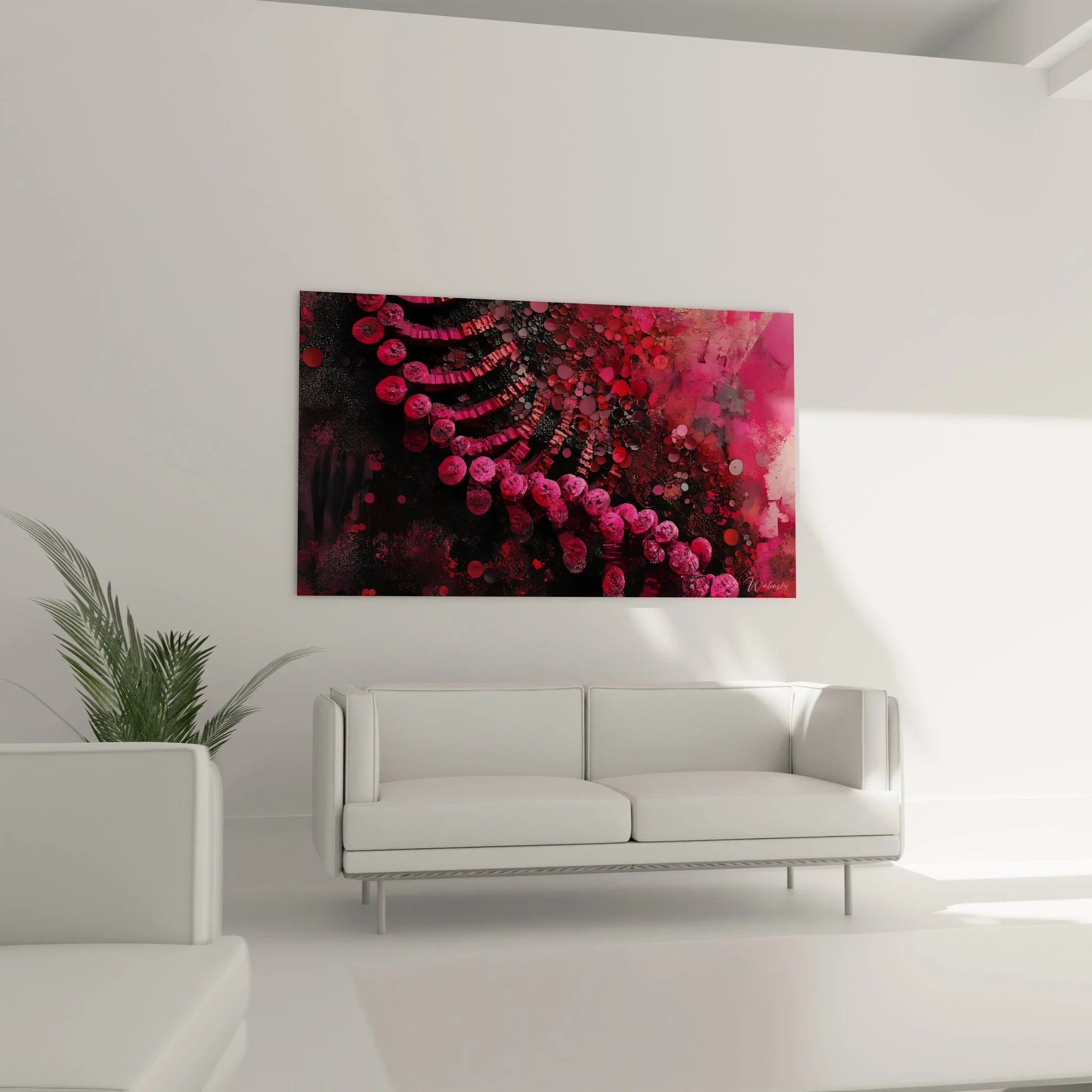 Detailaufnahme Wandbild DNA mit kreisförmigen Molekülen in Magenta und Rot Tönen