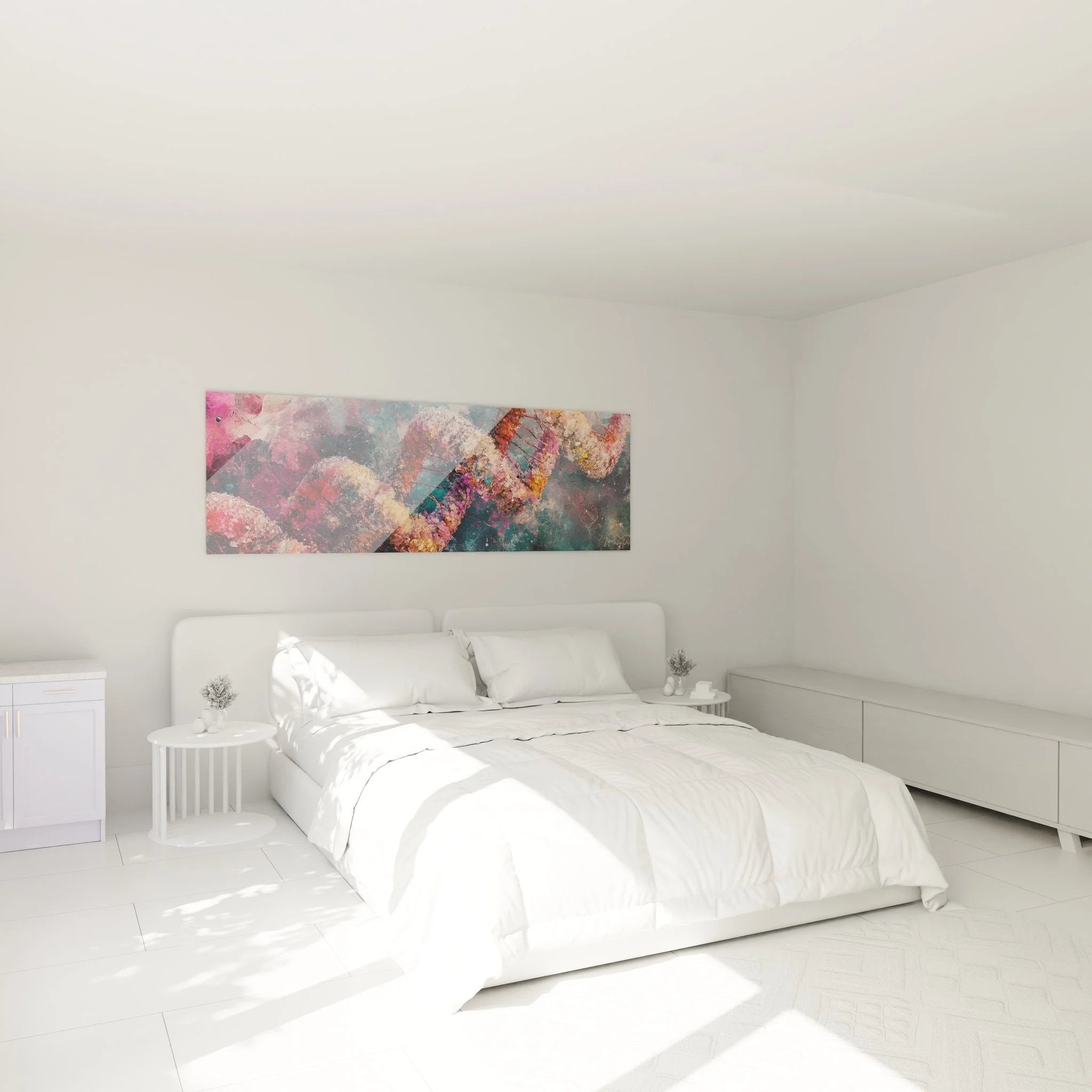 DNA Wandbild im Schlafzimmer als moderne Wanddekoration angebracht