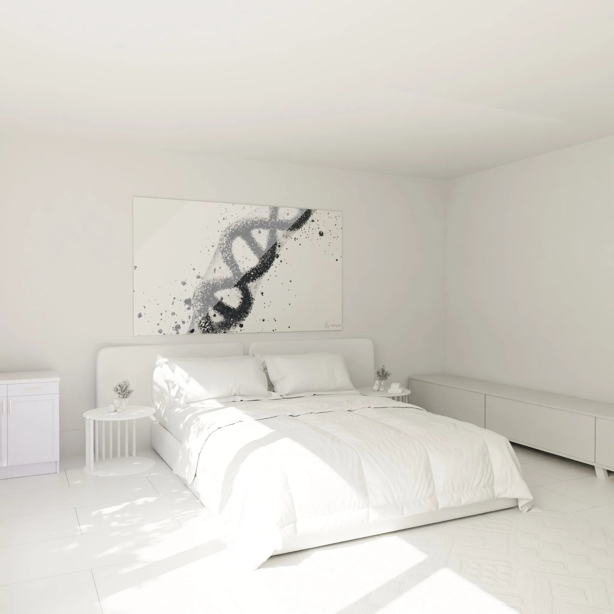 DNA Wandbild XXL im Schlafzimmer - elegante schwarz-weiße Wissenschaftskunst als Wanddekoration