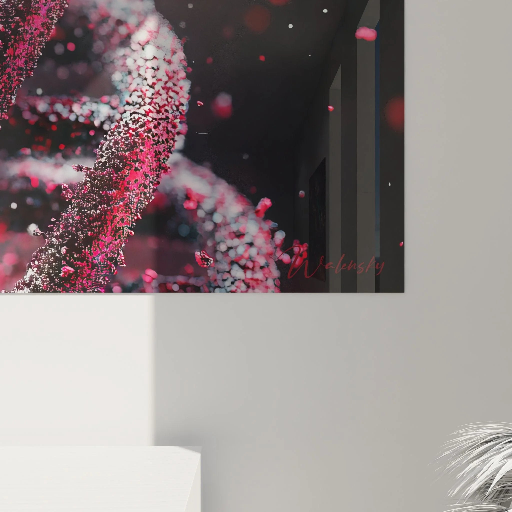 Übersicht DNA Wanddekoration mit leuchtender Doppelhelix - Komplette Ansicht Wissenschaftskunst