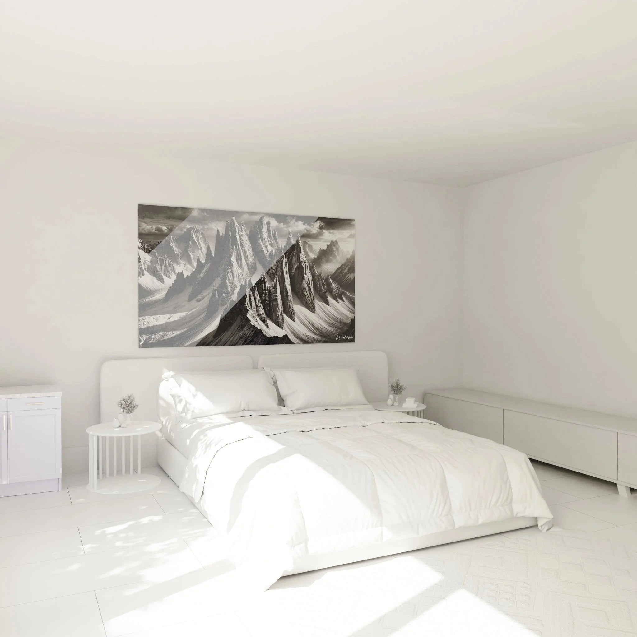 Dolomiten Wandbild XXL im Schlafzimmer, schwarzweiße Berglandschaft als stilvolle Wanddekoration