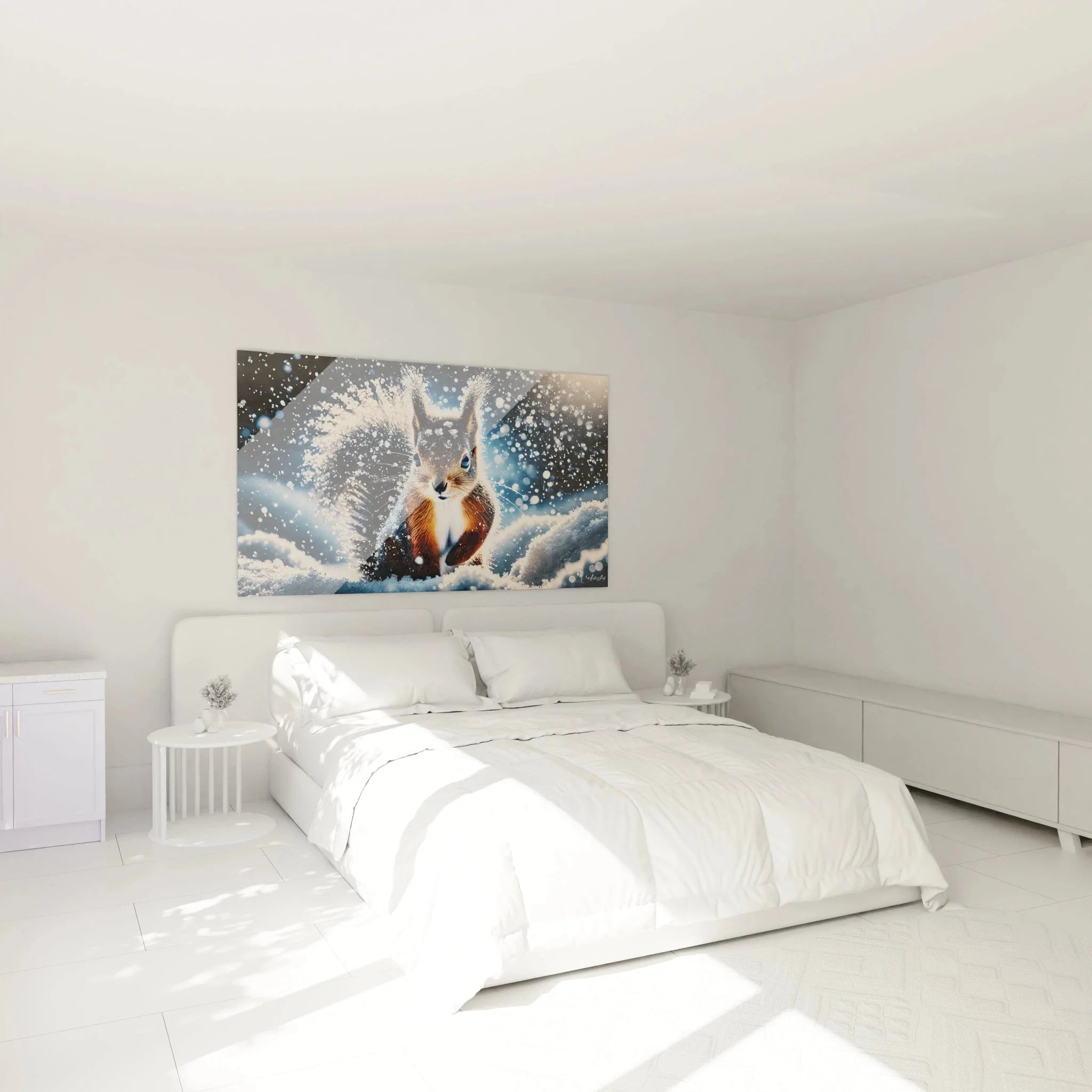 Eichhörnchen Wandbild im Schlafzimmer als moderne Winterlandschaft Dekoration an der Wand