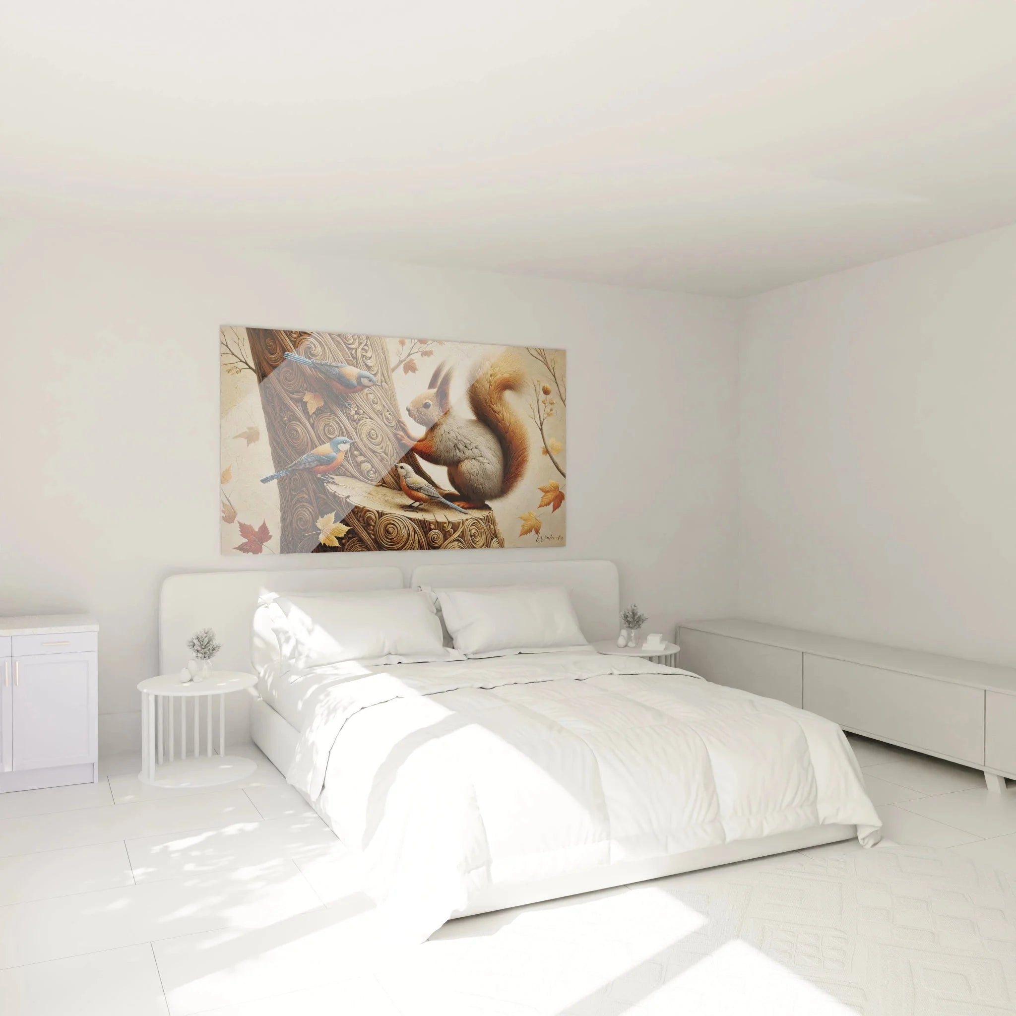 Eichhörnchen Wandbild in modernem Schlafzimmer, Waldtiere Dekoration über dem Bett