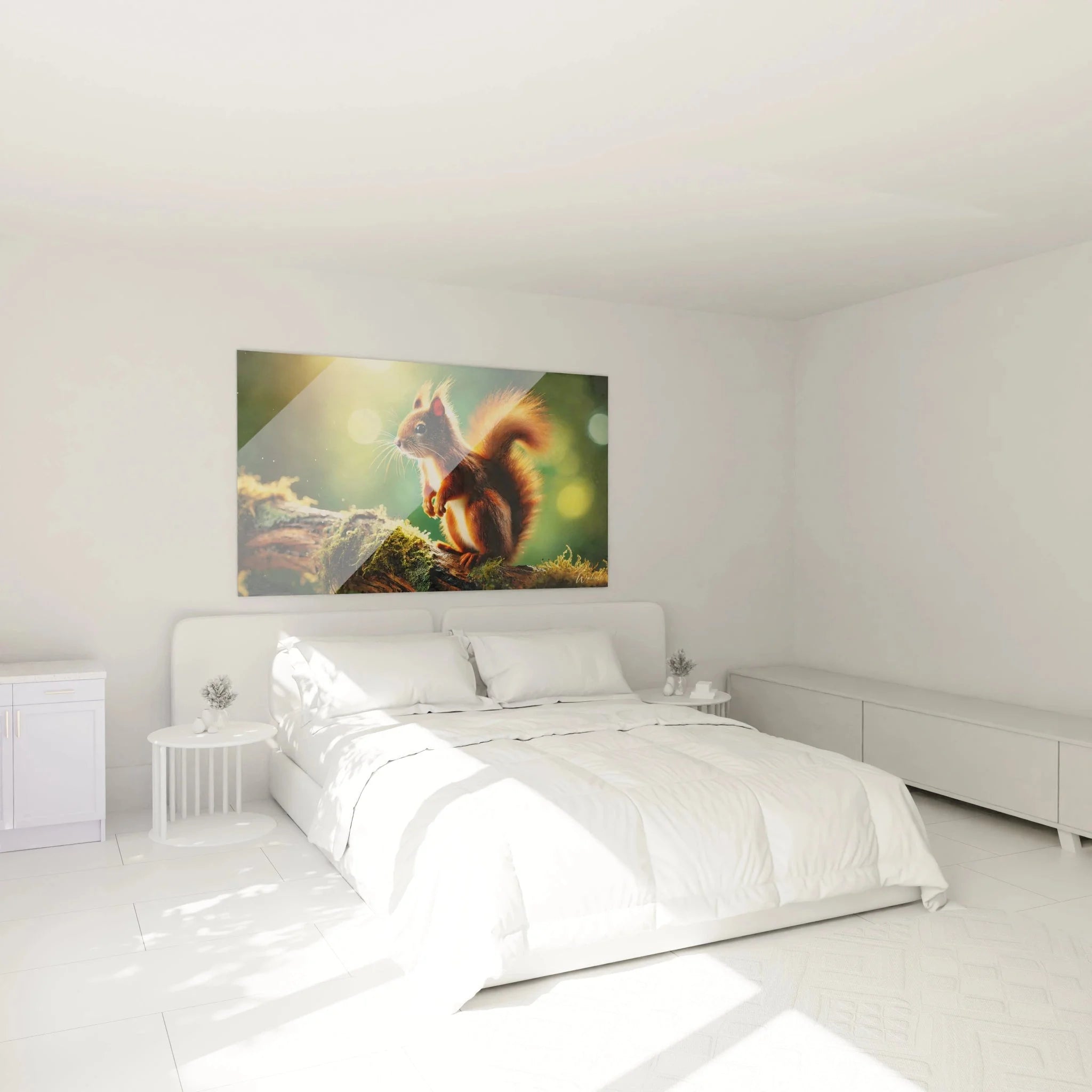 Eichhörnchen Wandbild XXL in modernem Schlafzimmer - Waldtier Dekoration als Leinwandbild