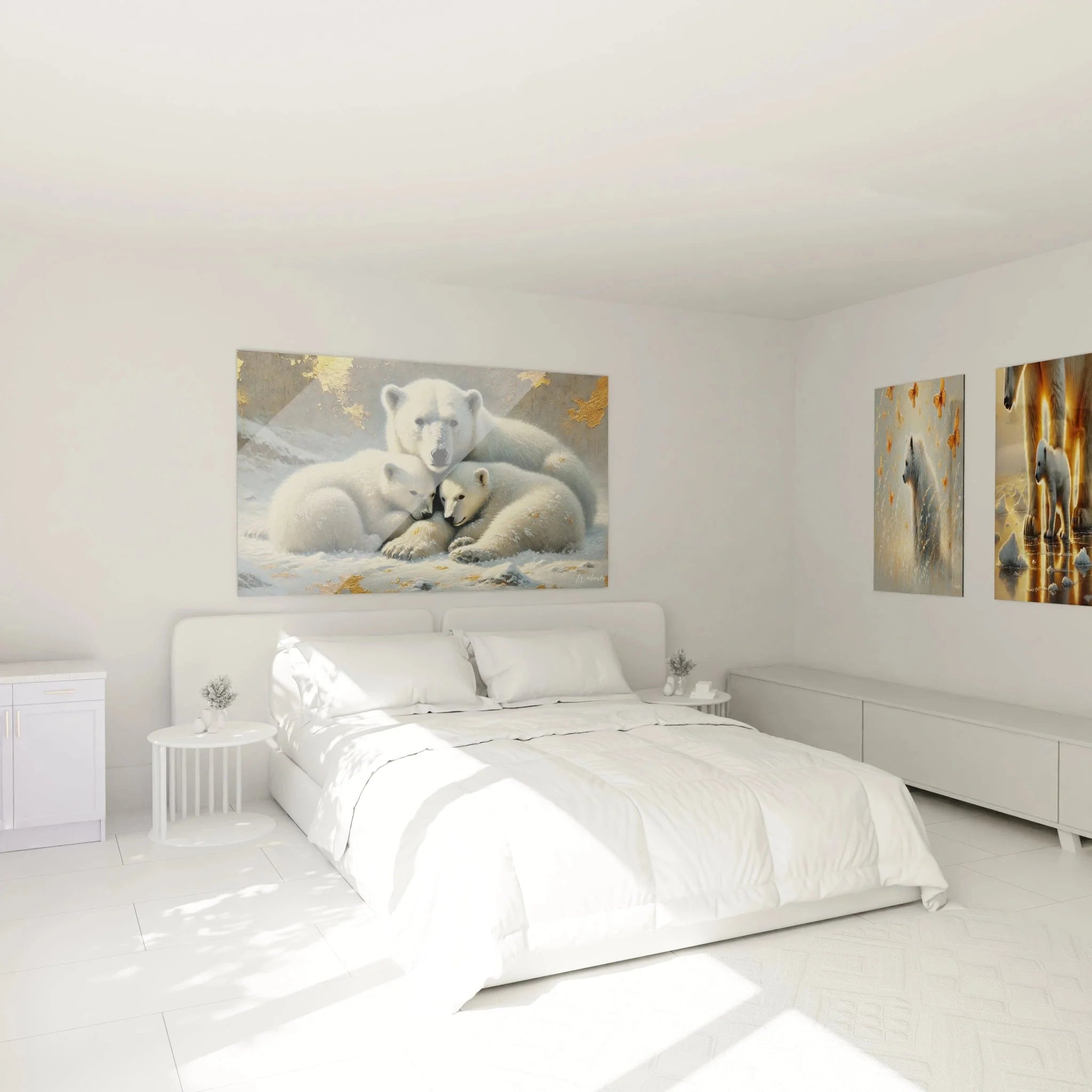Eisbär Familie Wandbild in modernem Schlafzimmer, emotionale Tierdekoration an der Wand