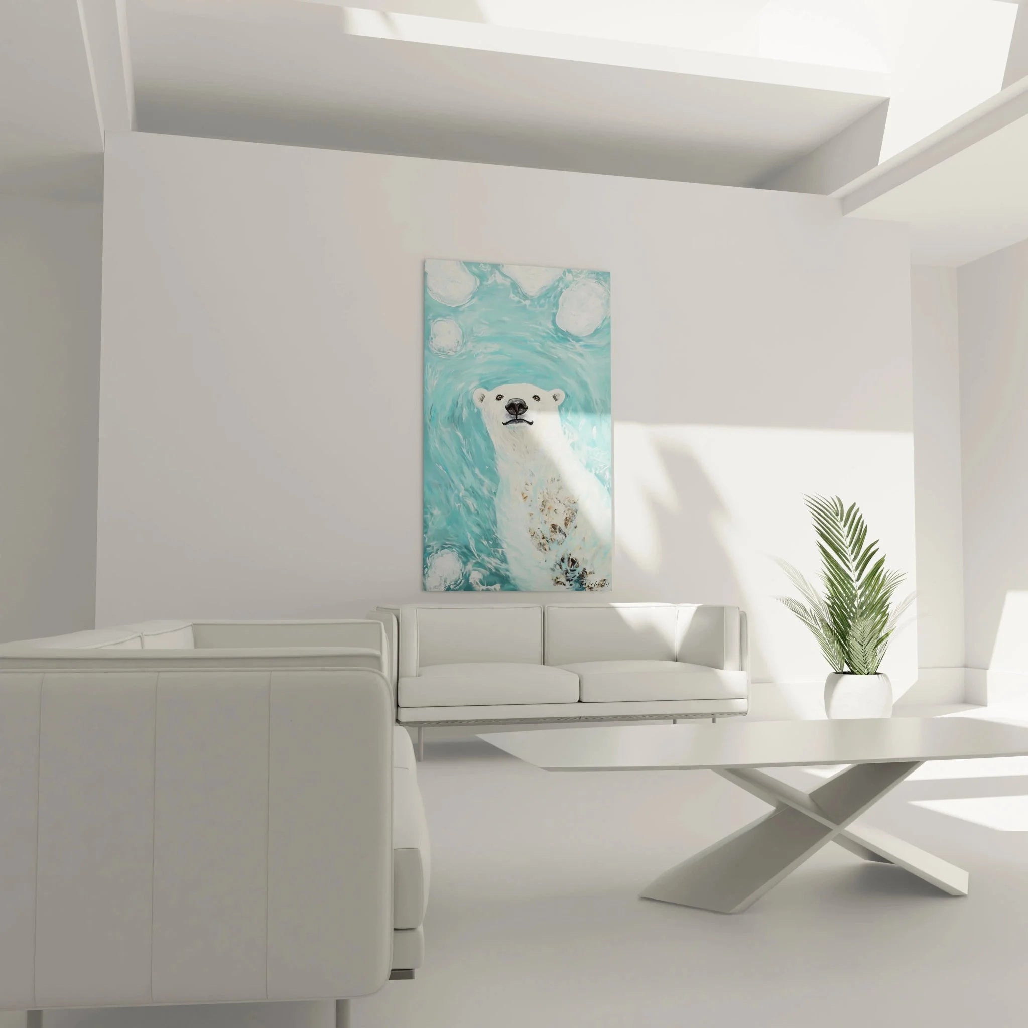 Detailansicht Eisbär Gesicht unter Wasser, weißes Fell und schwarze Augen in türkisem Wasser