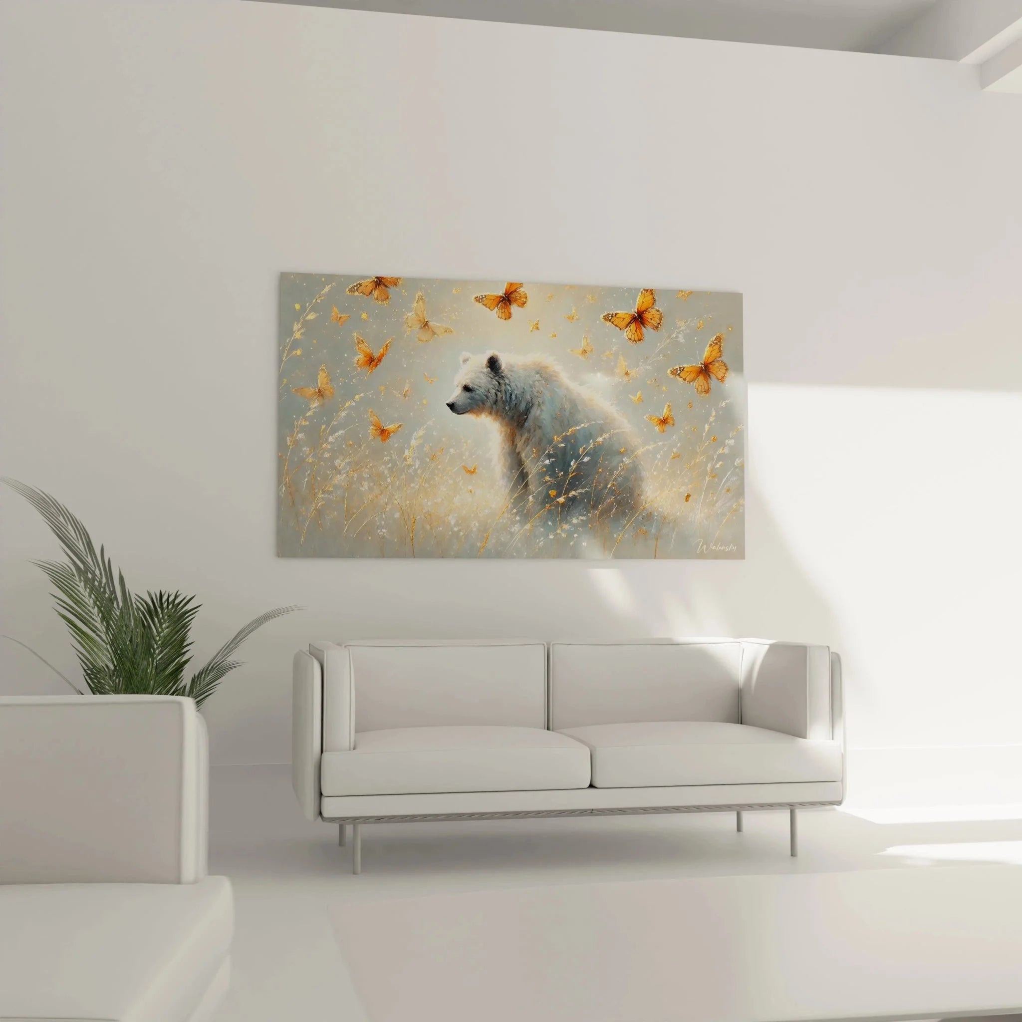 Detailansicht Eisbär Kunstdruck mit goldenen Schmetterlingen - hochwertige Wandbild Qualität XXL Format