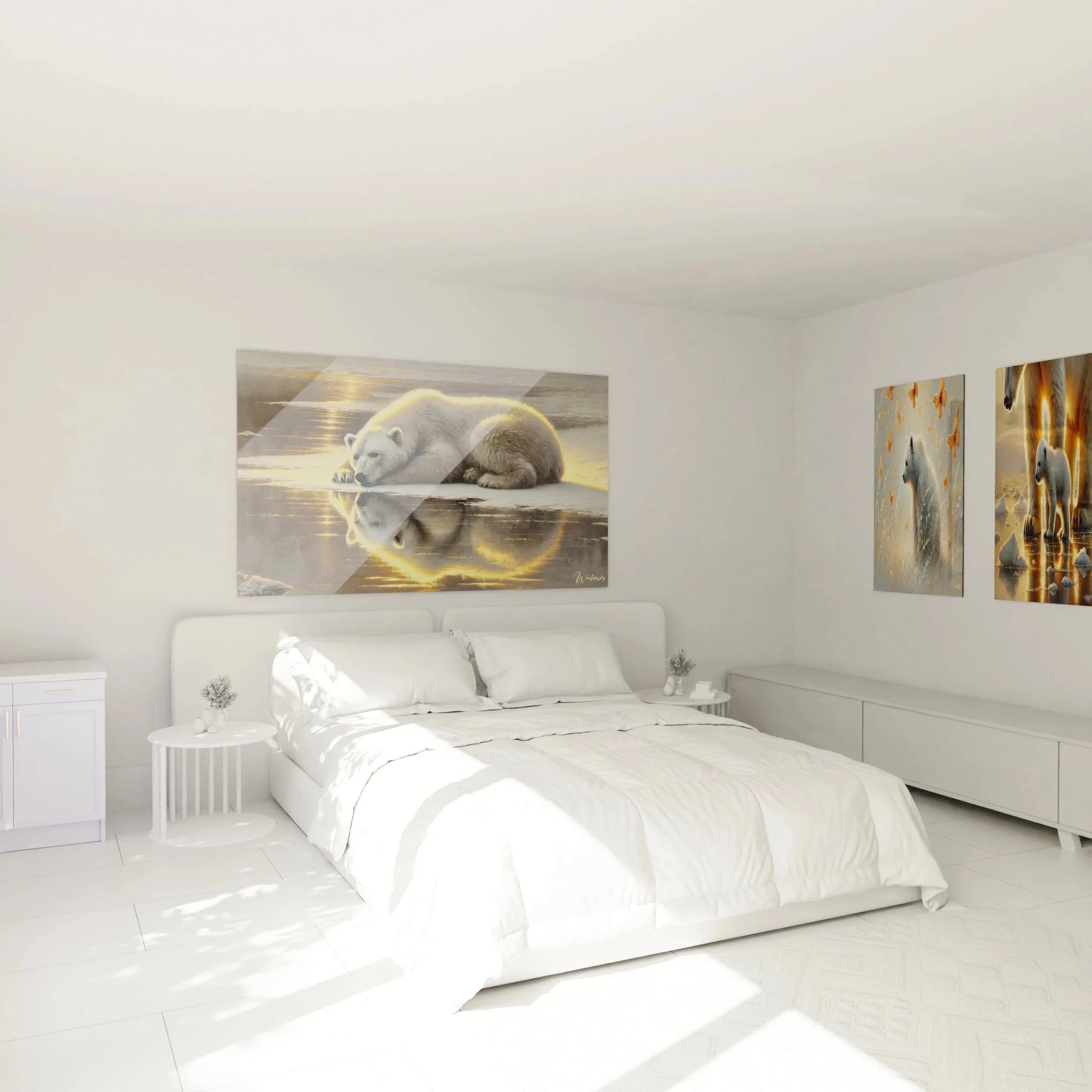 Eisbär Wandbild im Schlafzimmer - beruhigende Polarwelt Dekoration mit goldenem Licht