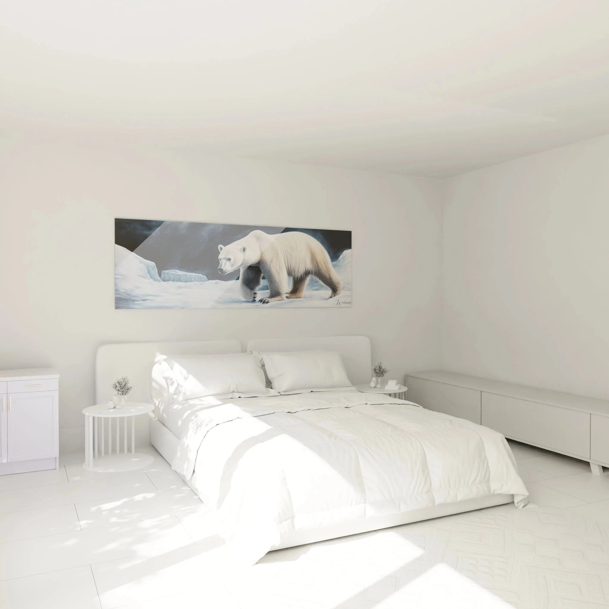 Eisbär Wandbild im Schlafzimmer - elegante Polarbär Wandkunst als Schlafzimmer Dekoration