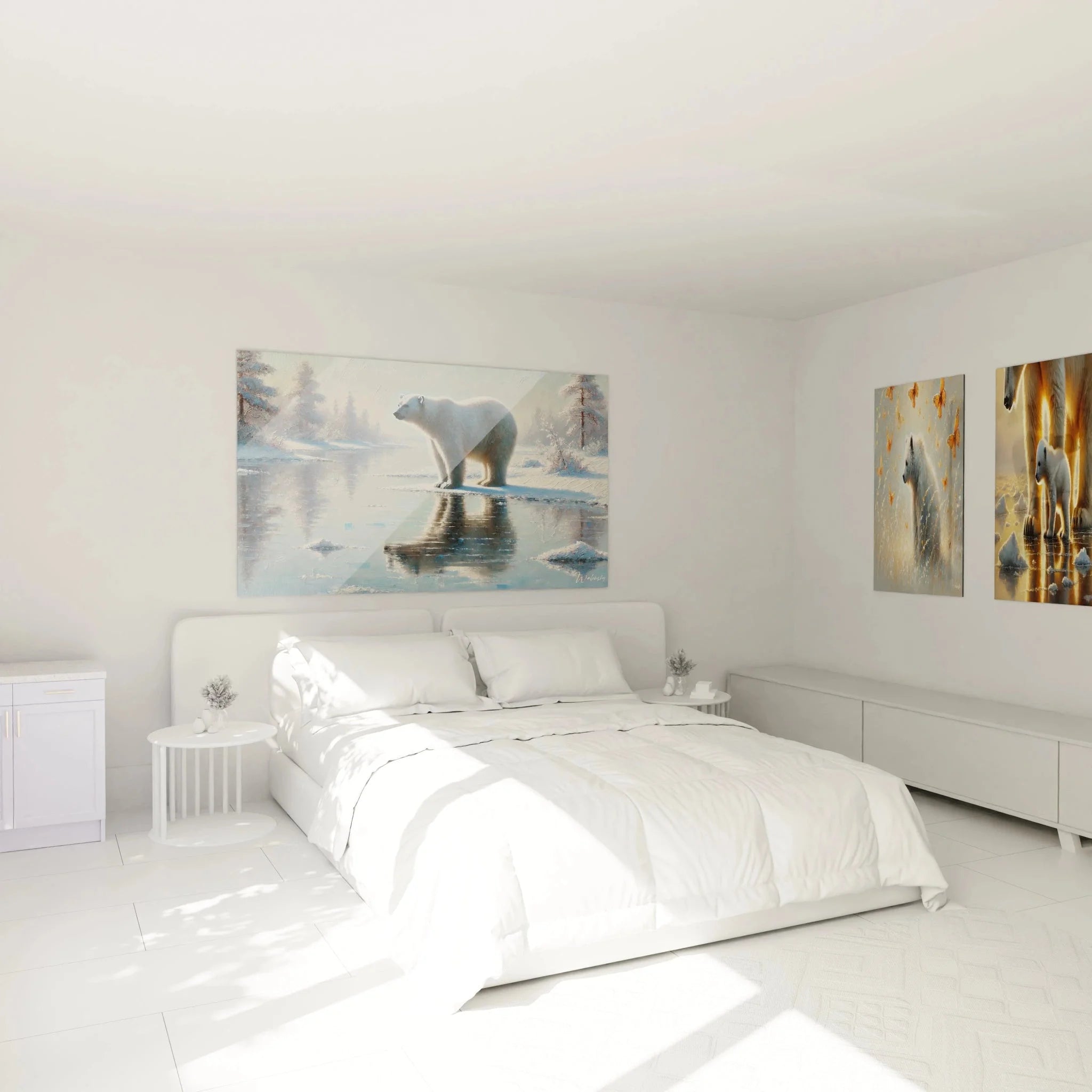 Eisbär Wandbild im Schlafzimmer Ambiente, moderne Wanddekoration mit Polarlandschaft Motiv