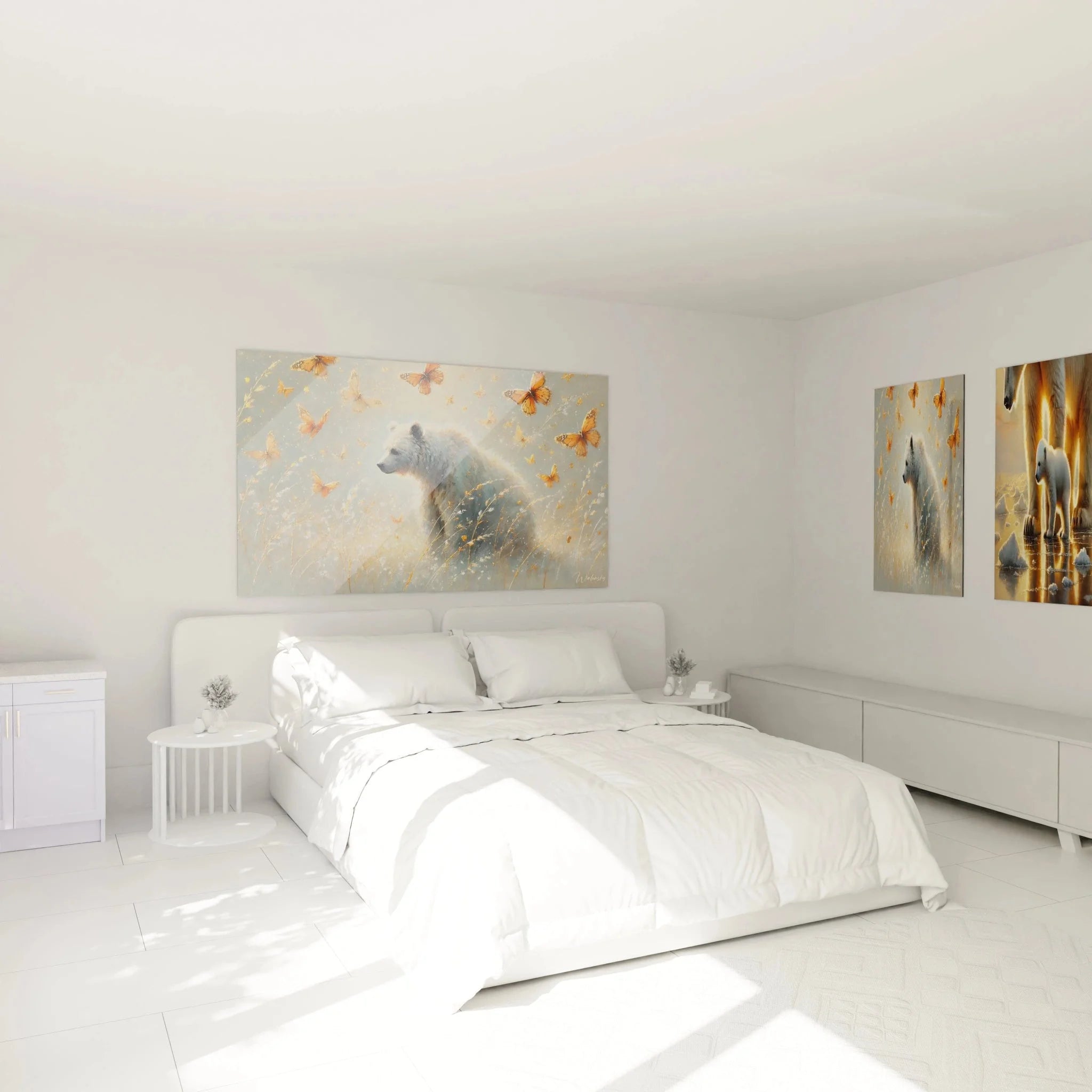 Eisbär Wandbild mit Schmetterlingen als Schlafzimmer Dekoration - harmonische Wandkunst für das Zuhause