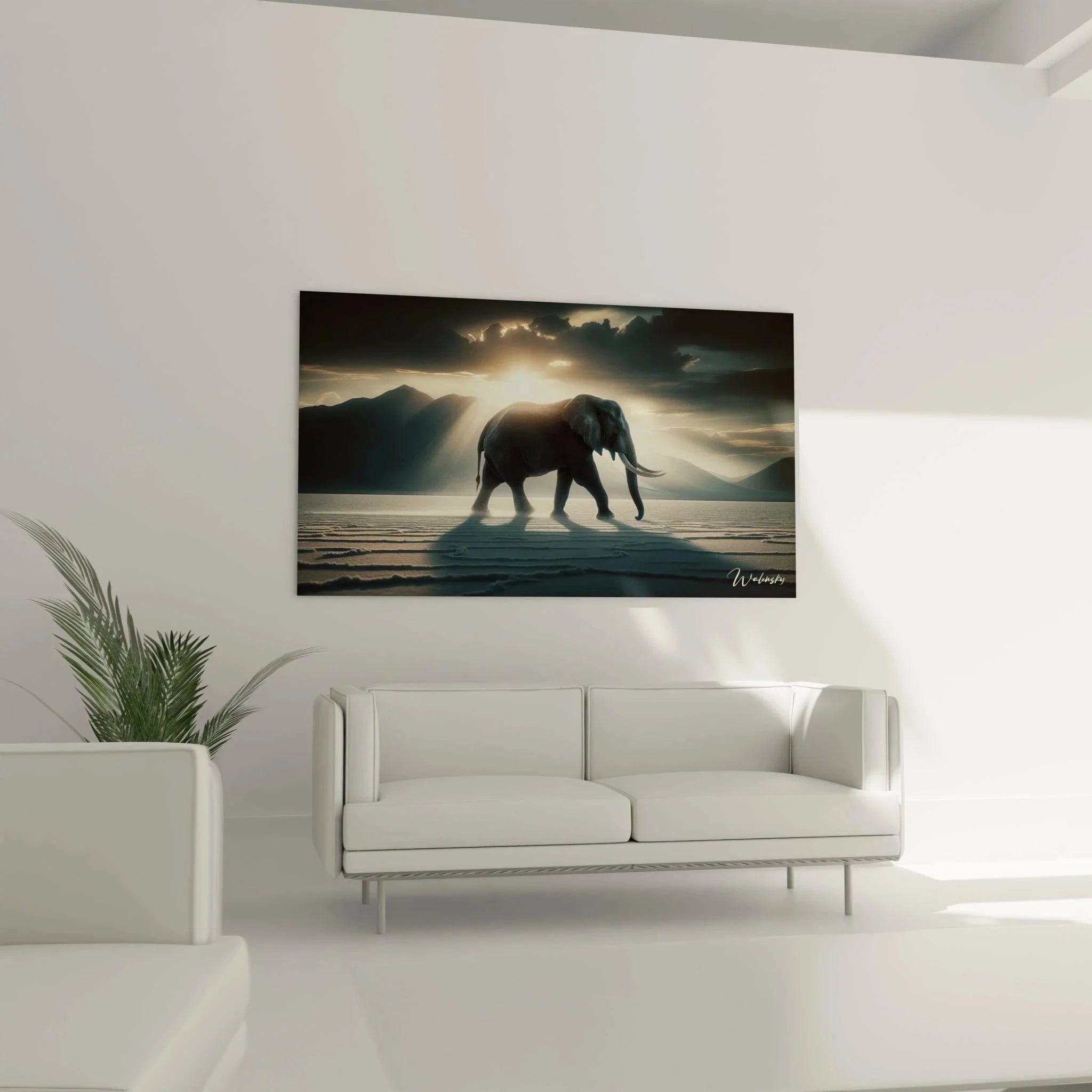 Detailansicht Elefant Leinwand zeigt kunstvolle Lichtstrahlen und dramatische Wolkenformation bei Sonnenuntergang