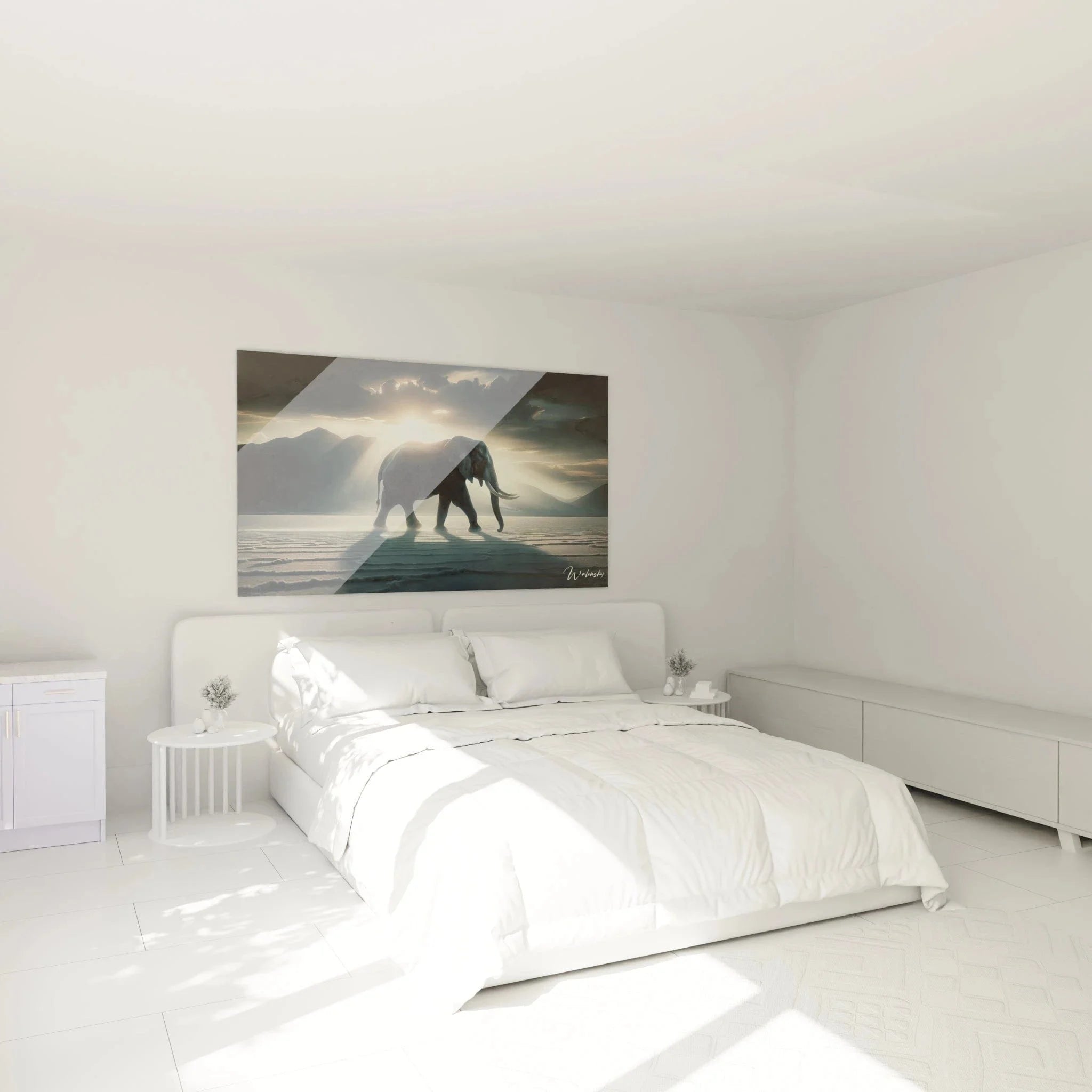 Elefant Wandbild im Schlafzimmer als stilvolle Wanddeko mit majestätischer Sonnenuntergang Stimmung