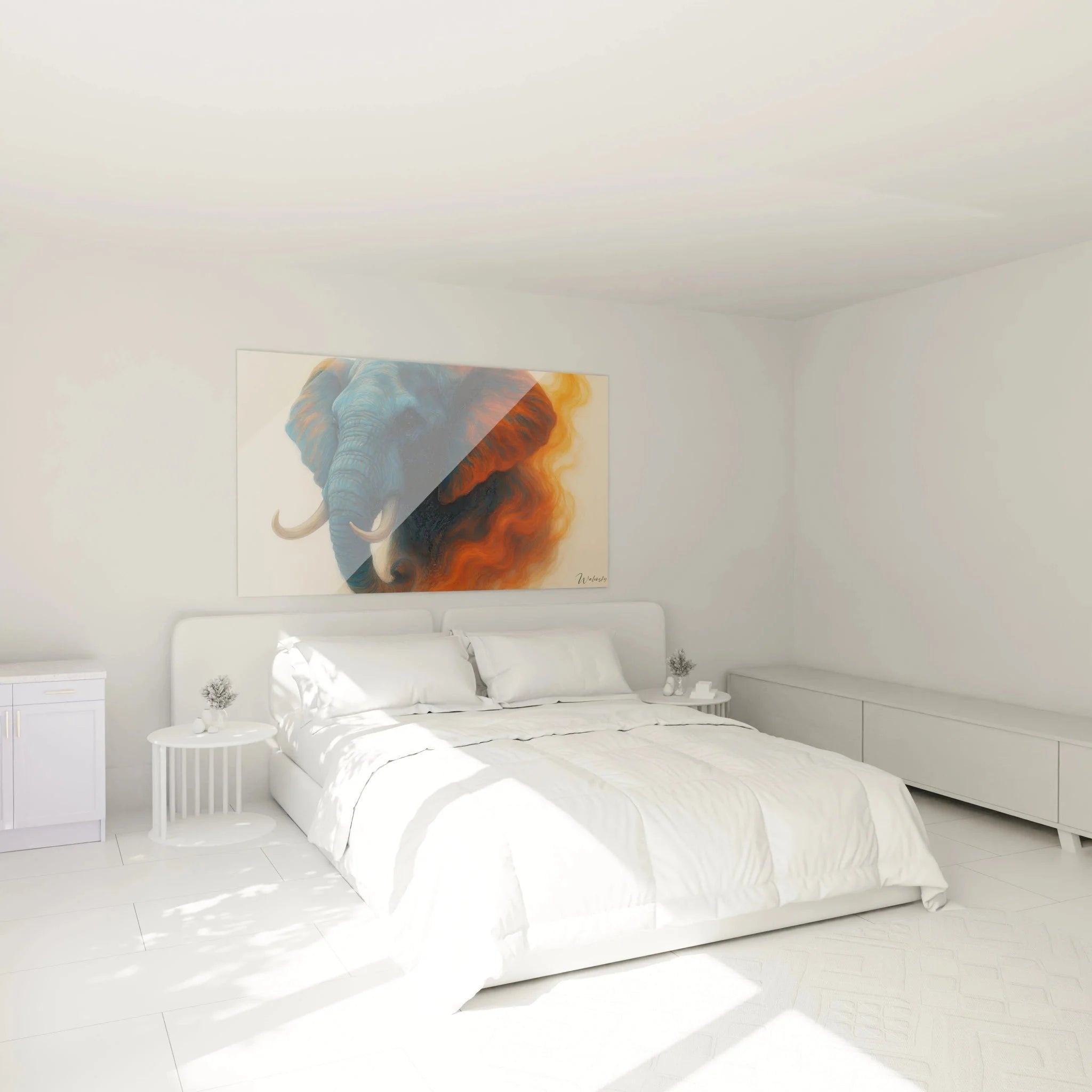 Elefant Wandbild in modernem Schlafzimmer, blaue und orange Farbtöne als Wanddekoration