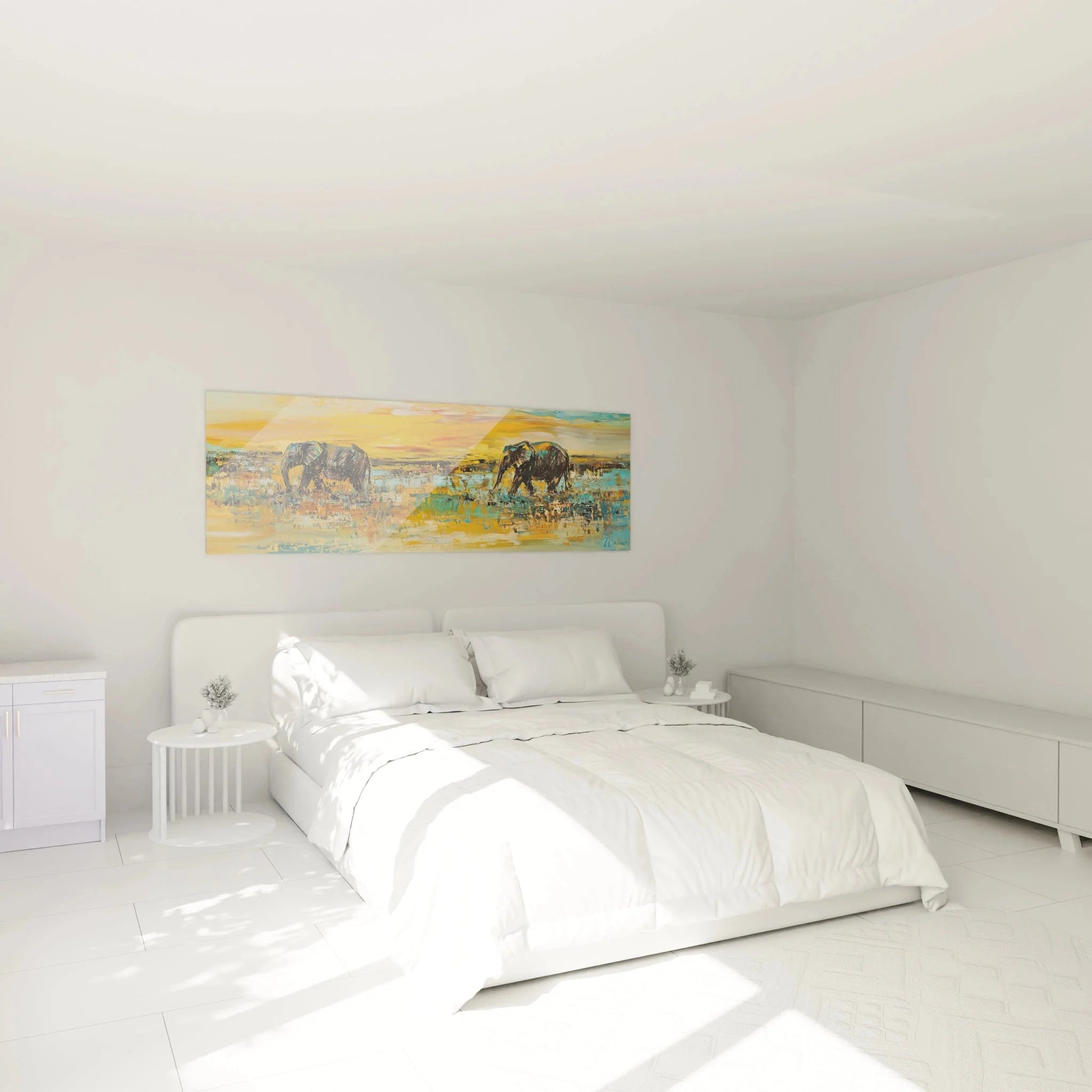 Elefanten Wandbild XXL über Bett im Schlafzimmer, Afrika Savanne Sonnenuntergang Wanddekoration