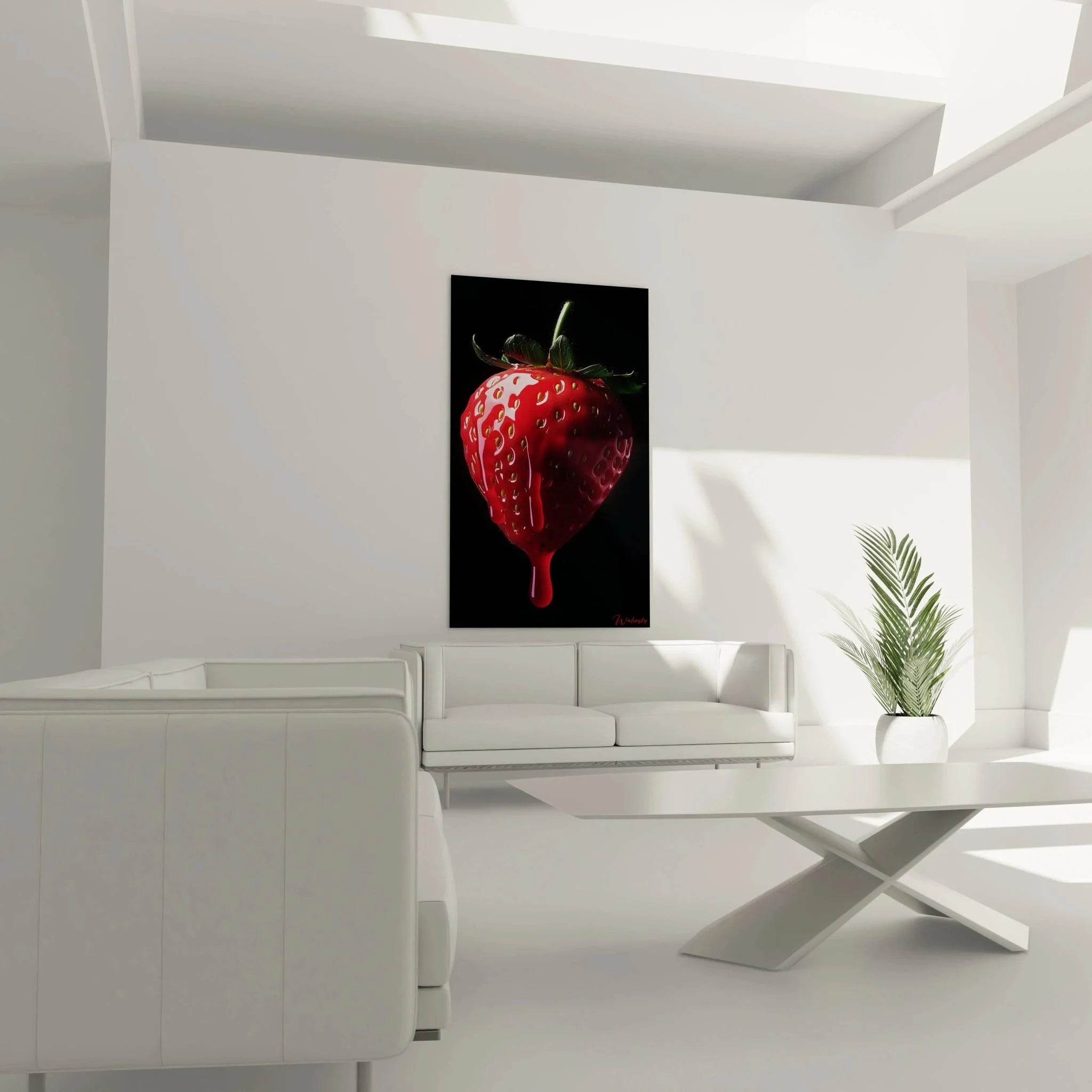 Detailaufnahme Erdbeere Kunstdruck mit tropfendem Saft und glänzender Oberflächentextur