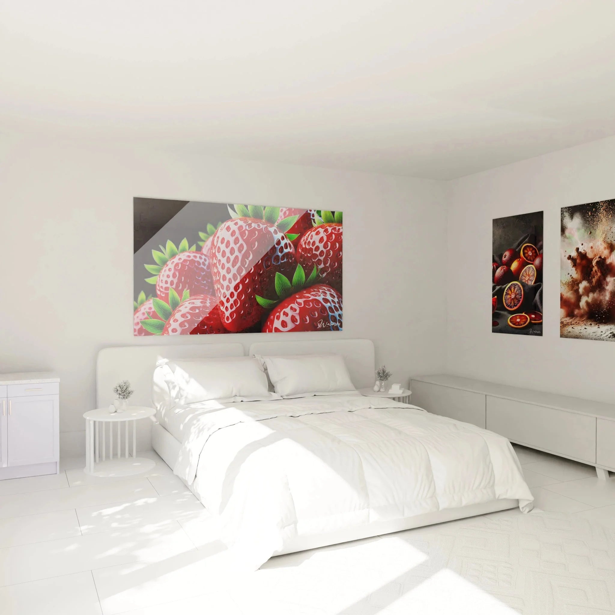 Erdbeeren Leinwandbild in Schlafzimmer Ambiente, moderne Wanddekoration mit roten Früchten