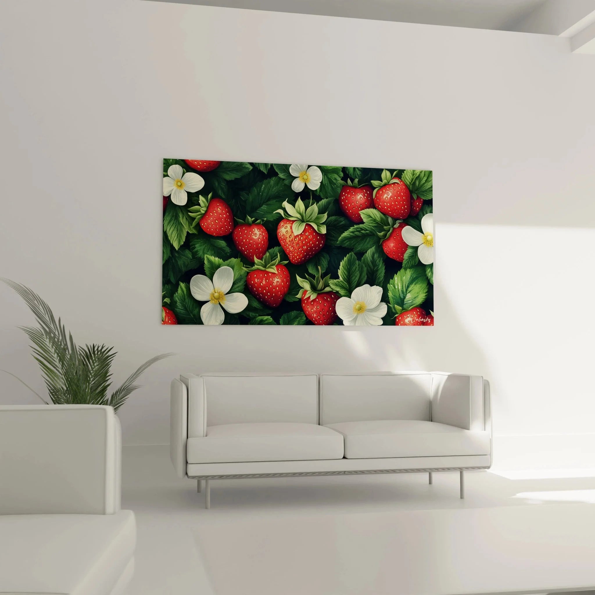 Detailaufnahme Erdbeeren Wandbild - realistische Darstellung von Früchten und Erdbeerblüten