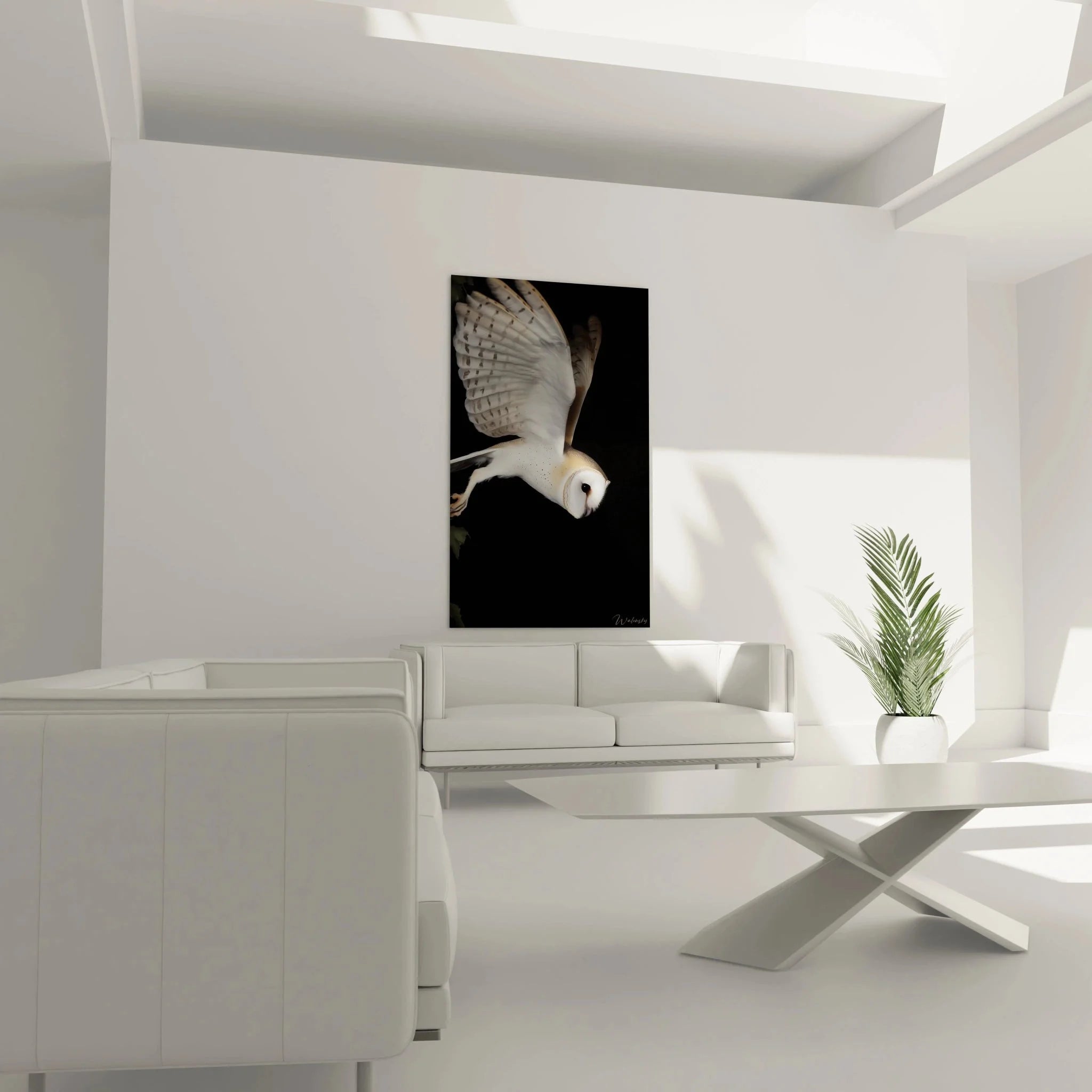 Detailaufnahme Schleiereule Wandkunst mit herzförmigem Gesicht und dunklen Augen