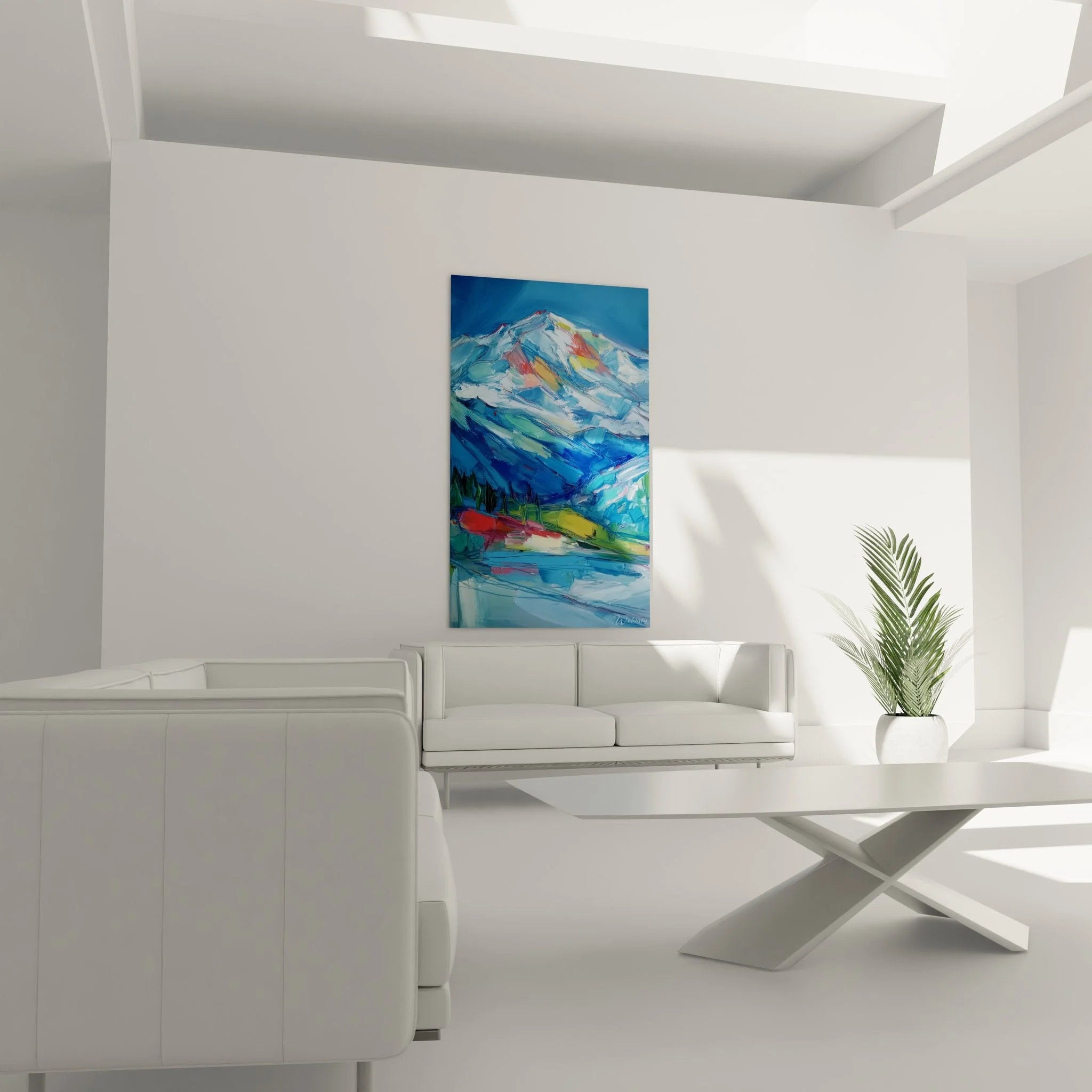 Detailansicht expressionistische Bergmalerei mit kraftvollen Pinselstrichen und leuchtenden Farben