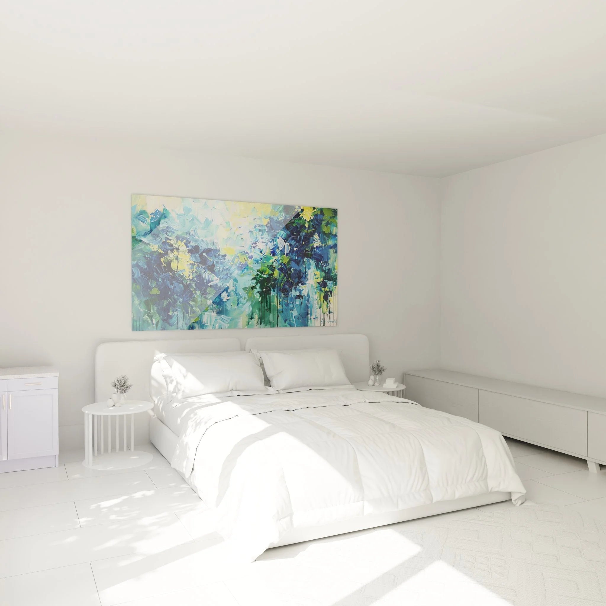 Modernes Wandbild abstrakte Komposition in Schlafzimmer Ambiente mit blau-grüner Farbpalette