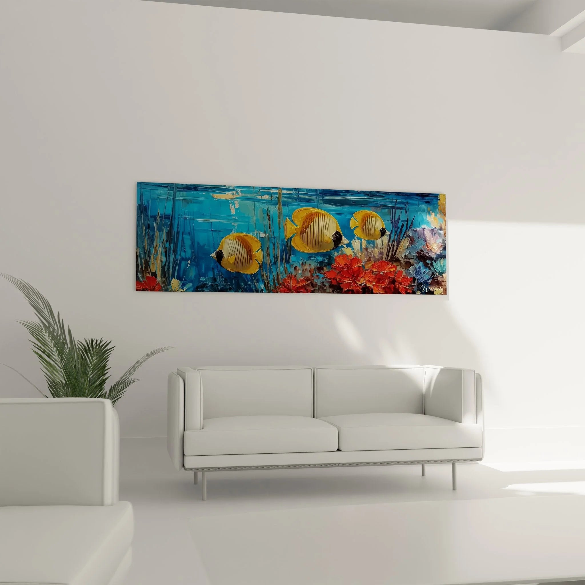 Detailaufnahme gelber Falterfisch mit schwarzen Streifen im Unterwasser Leinwandbild