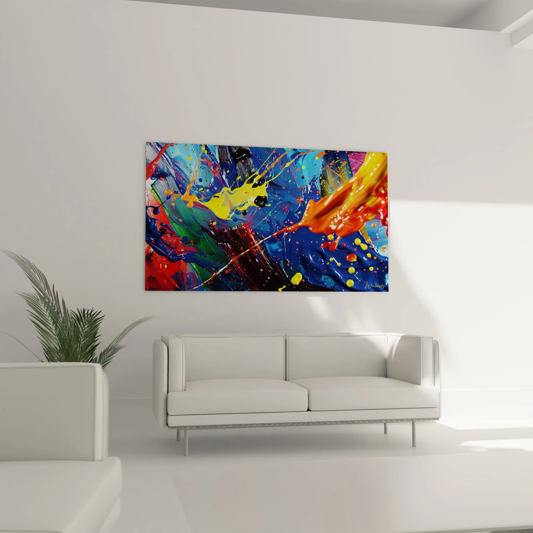 Detailansicht abstrakte Farbexplosion Wandbild - expressive Pinselstriche und Farbspritzer in Nahaufnahme