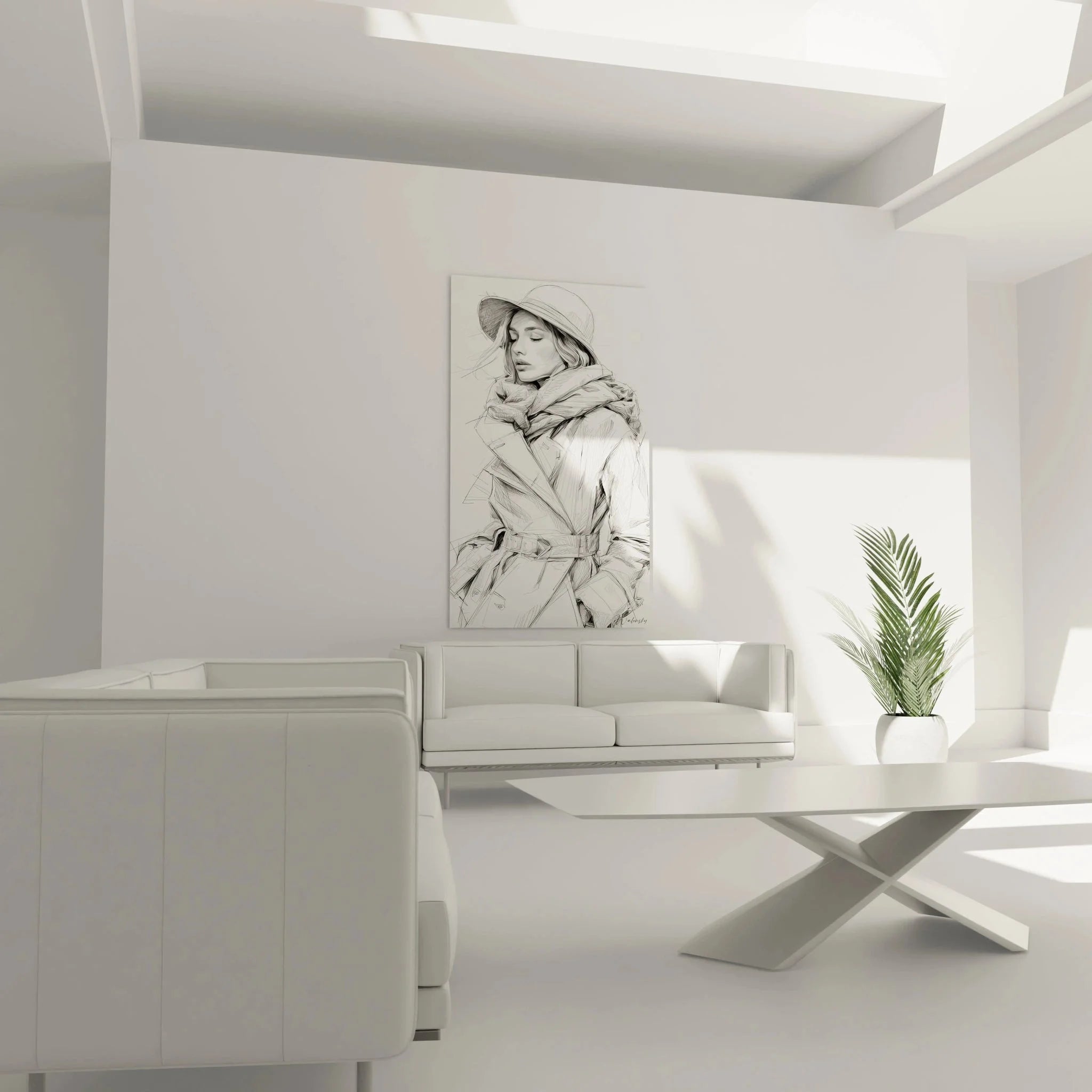 Detailansicht Wandbild Fashion Art Frau mit Hut Bleistiftzeichnung feine Linienführung Portrait