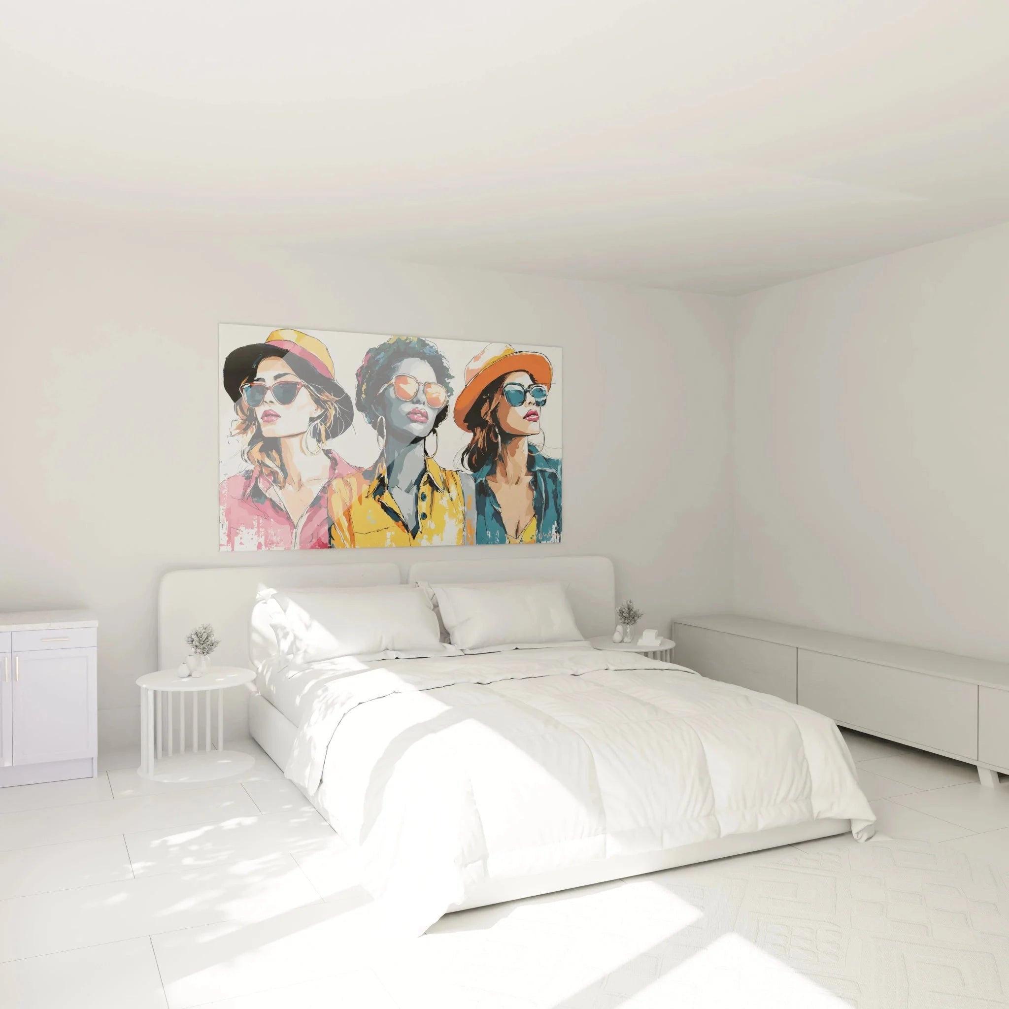 Fashion Girls Wandbild in modernem Schlafzimmer als stilvolle Wanddekoration über dem Bett