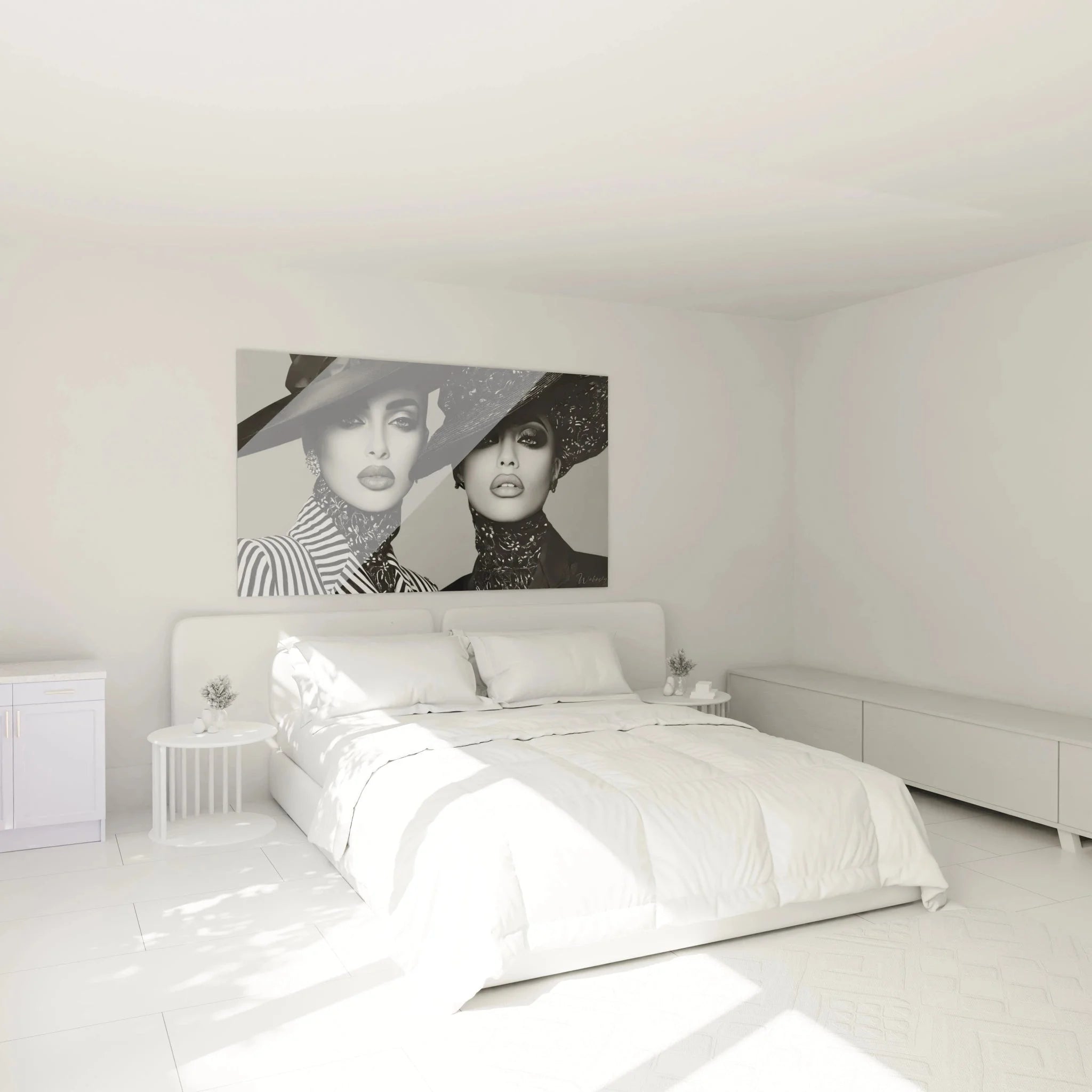 Elegantes Fashion Wandbild im Schlafzimmer - Schwarz-weiß Doppelporträt mit Hüten als stilvolle Wanddekoration