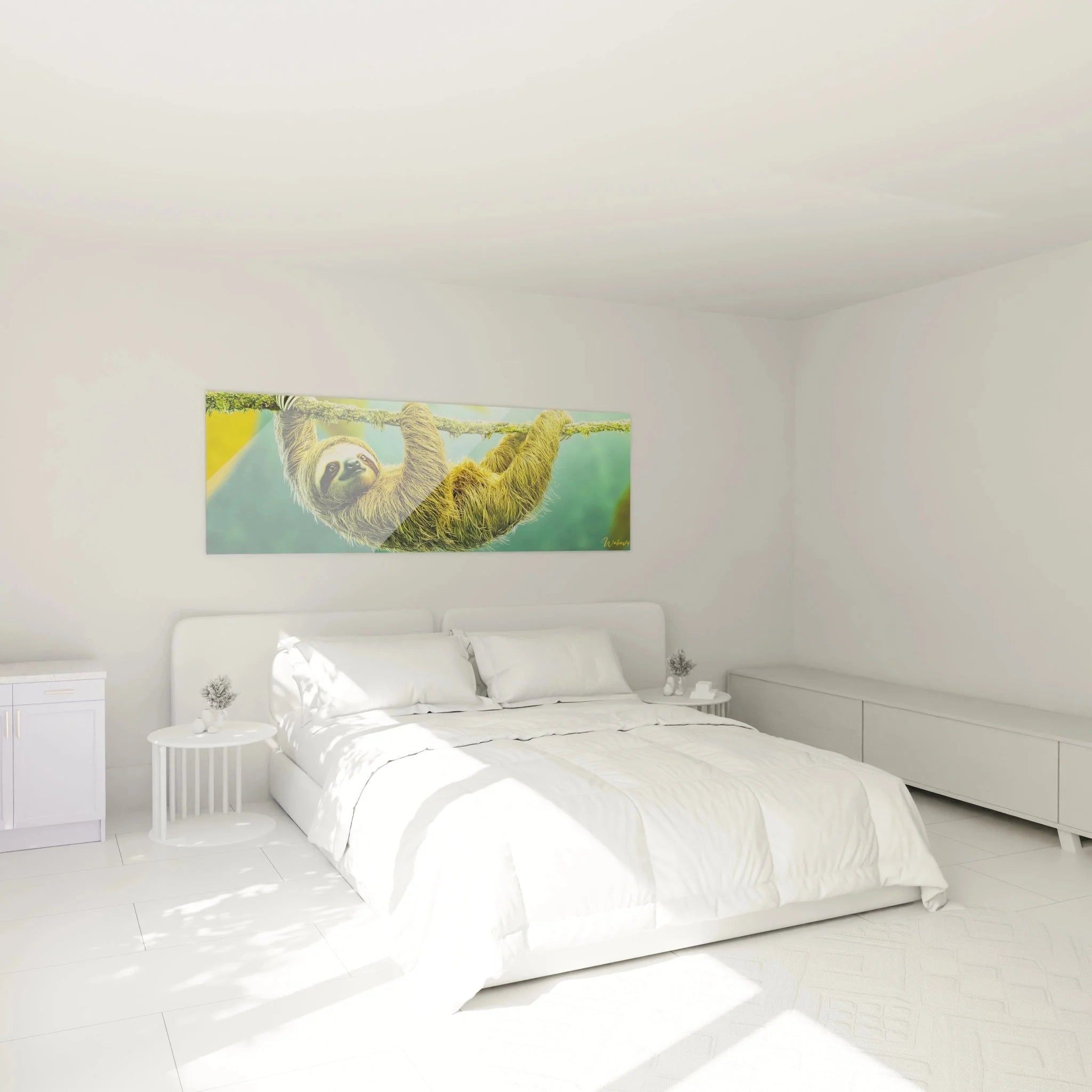 Wandbild Faultier Entspannung im Schlafzimmer - Beruhigende Wanddekoration mit hängendem Faultier Motiv